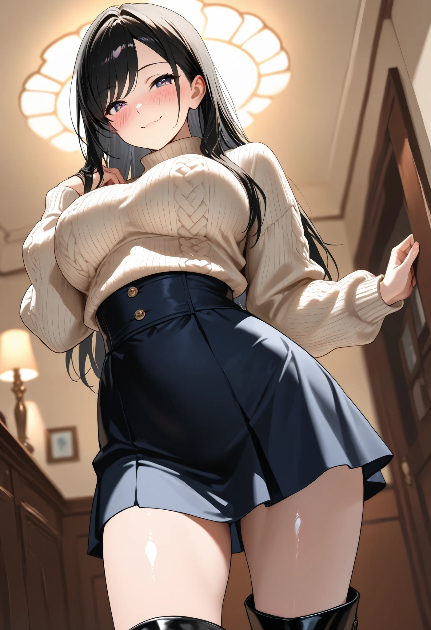 Look away, (highest quality), Super detailed), (Ultra High Resolution 8K), High-definition facial beauty,  ((Skirt Lift)), Cute smiling girl, (Big Breasts), Detailed knitwear showing red see-through panties , (Blushing, Embarrassing), Very hot day, Shade, ((Sit down and seduce)), Wet see-through panties
