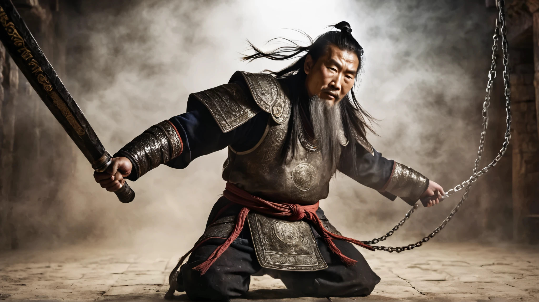 An old Mongolian warrior who, although old, It's still strong and preserved. with anger, Try to free yourself. It is tied with chains in a rusty dungeon with dramatic and faint light that touches dust particles in space.