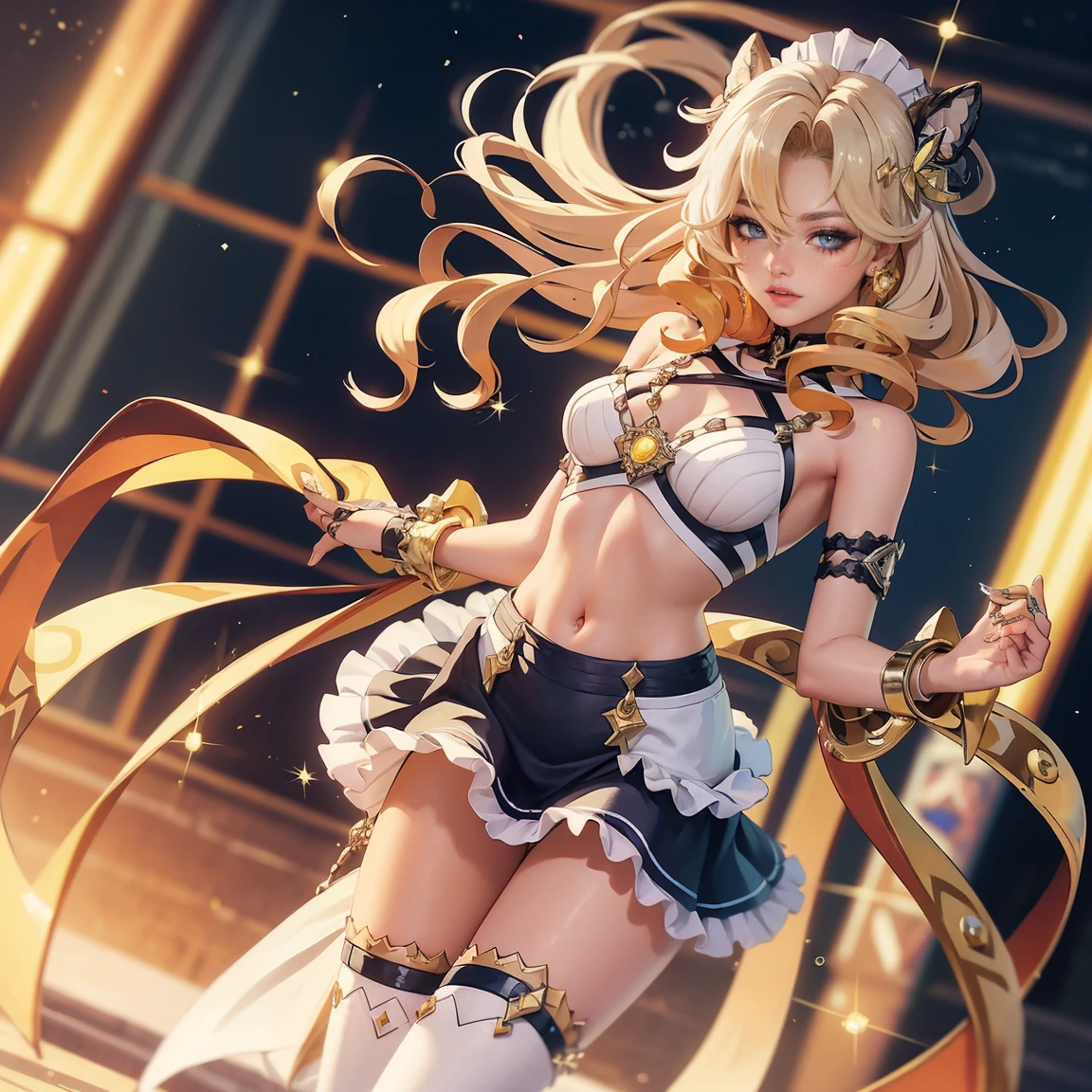 wallop, aeolian, Smile, Mini skirt, Blonde hair,(Starry Night Sky, Confetti background:1.5)), ethereal glowing, arching back, navel, Thighs, close-up face, Ultra detailed, fine detail, Detailed eyes and face, Sharp pupils, Realistic pupils, (Light blue and white idol costume:1.4)