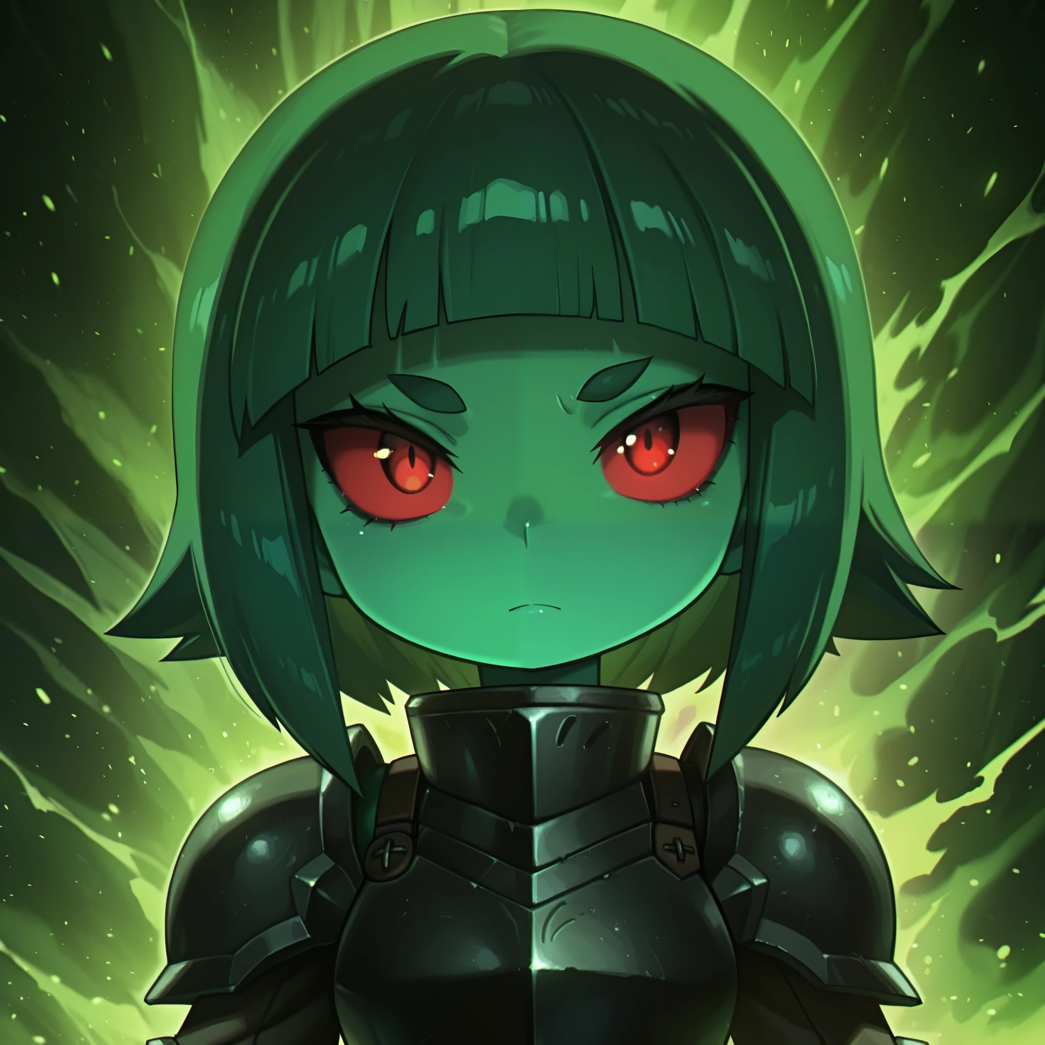 masterpiece, best quality, amazing quality, Anime Screencap. BREAK. 1girl, colored sclera, solo, short hair, looking at viewer, armor, black sclera, green hair, colored skin, closed mouth, red eyes, red sclera, upper body, blunt bangs, green skin, green theme, breastplate