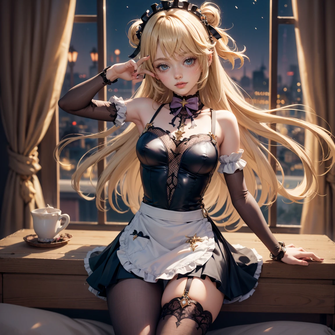 Highest quality,Highest Resolution,A crying beauty in a maid leotard,Tears,(((Open your mouth wide and spit a lot))),Drink a drink,Bedroom,Night view outside the window,High leg,Tback,whole body,Very beautiful eyes,Sweating profusely,