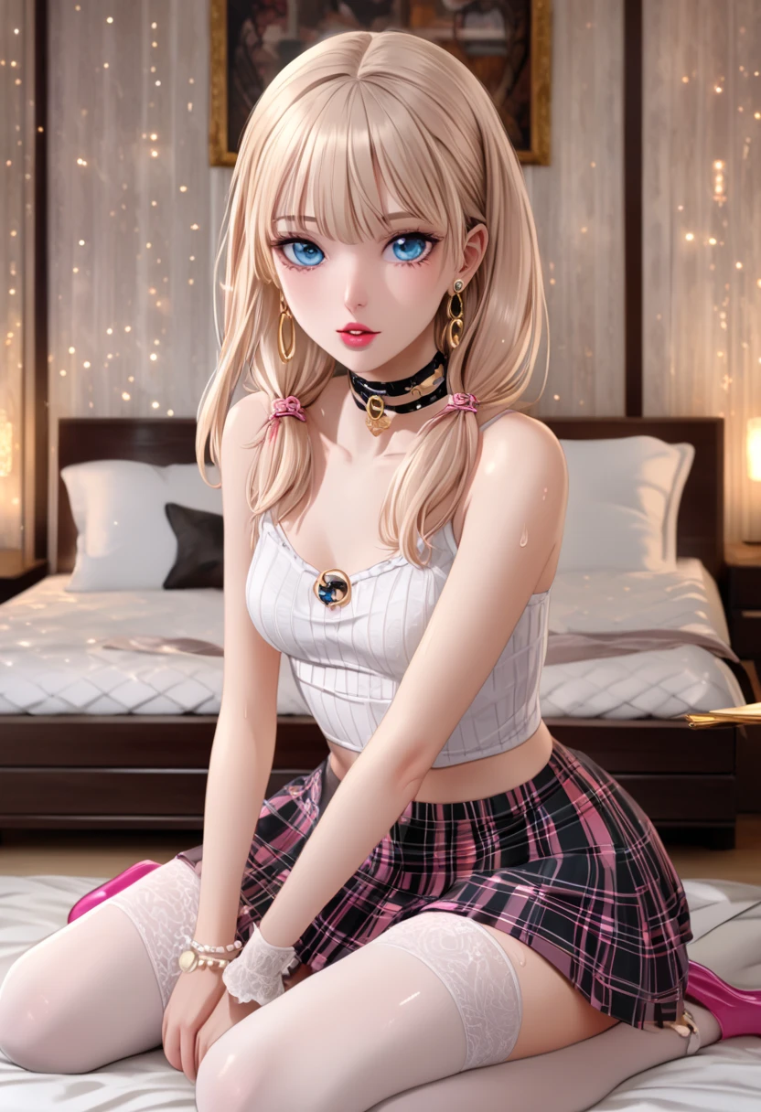 Beautiful girl , slim fit body , blonde hair , strapless crop top, mini skirt , rose lips , blushed cheeks