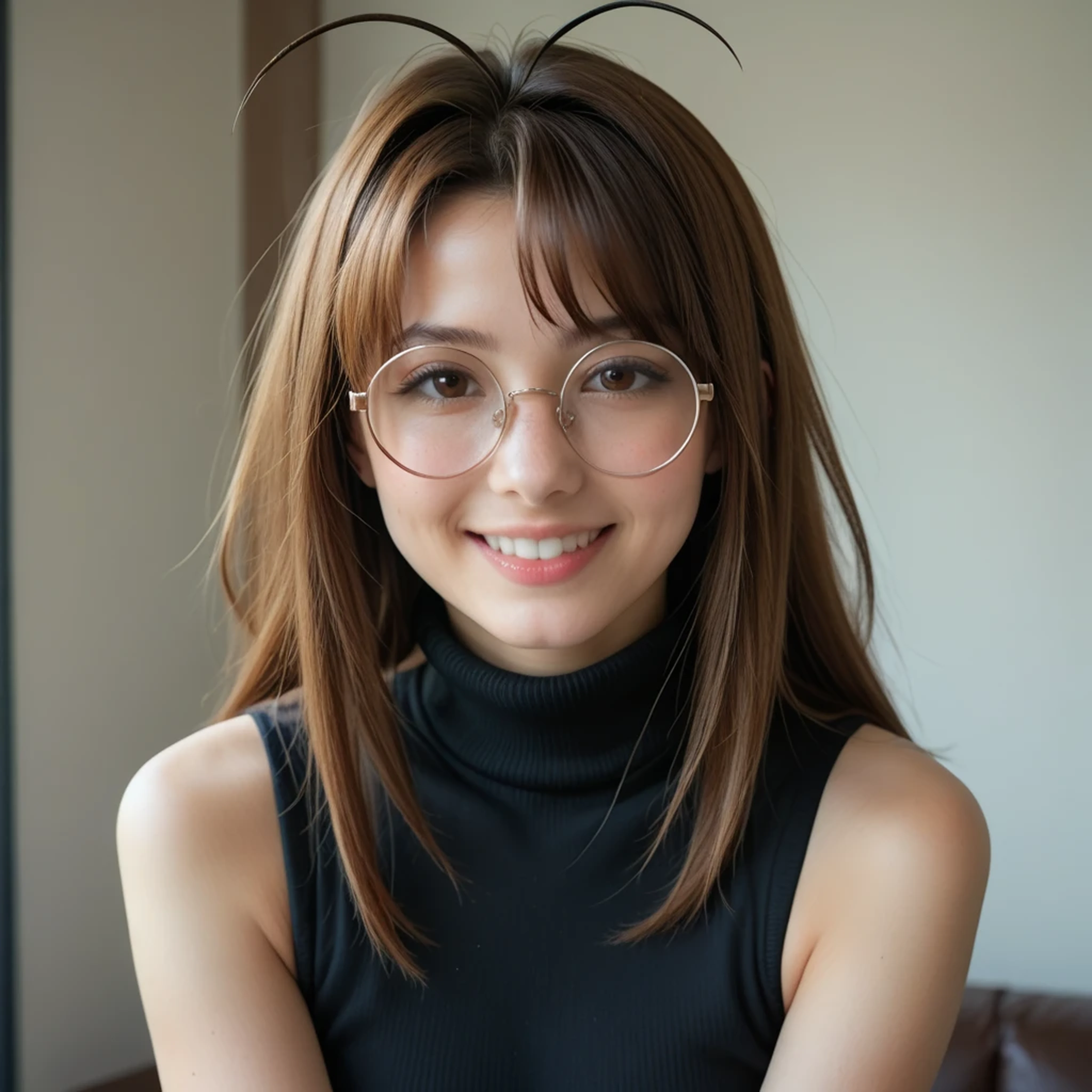 narunarusegawa, naru narusegawa, long hair, brown hair, antenna hair, realistic antenna hair, antenna hair looks like real hair, brown eyes, amazingly beautiful face, realistic japanese female face, light cosmetics, detailed face,
gothic girl outfit, black stockings, black skirt, sleeveless, black miniskirt, turtleneck, sleeveless turtleneck, round glasses
indoors,
looking at viewer, smiling, centered photo, UHD 16K RAW Photo, photorealistic, masterpiece, best quality