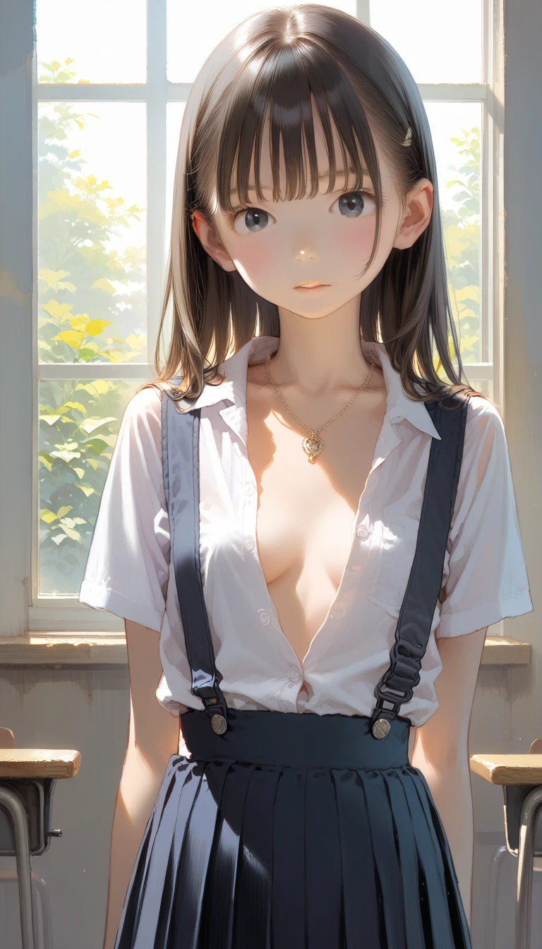 Rural wooden school building。As if looking down(Highest quality:1.2), 20~40-year-old woman、Chest Very detailed, High resolution, masterpiece:1,2, Vivid and colorful,, Professional Lighting, Physically Based Rendering, Flat Color:0.8, Detailed illustrations, realism:1.37, Makoto Shinkai style, Your name style, Light brown hair, Elegant update,ponytail, Hairstyles such as chignon, Laugh together, Dynamic pose, Selfie, Upper body full sister、necklace、Earrings、bracelet、clock。naked、Show off your full breasts, Areola、Nipples、I love you 、Female dog、Obscene、Small breasts、Pubic hair is visible、Genitals are visible、The whole body is visible、Anime Drawings、shape。The whole body is visible、All naked、