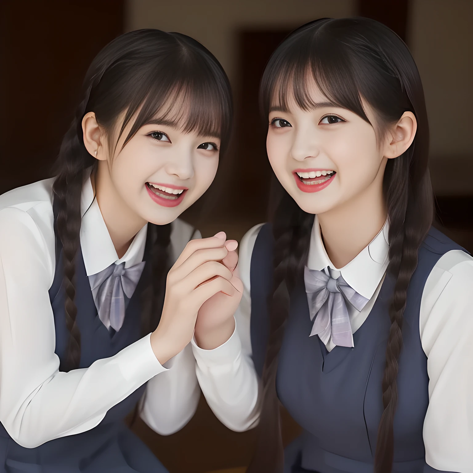 (highest quality, masterpiece:1.2), highest quality, High resolution, 1080P, 8K, Height: 158cm, ((A very intelligent, very noble, pretty and neat Japanese beautiful girl fashion model. Looking at the audience. Realistic fashion model)), ((((White face with plump cheeks)))), Glossy lips, (Evenly cut bangs), ((Very beautiful dark eyes)), The very large, shiny, wide red ribbon bow-tie on her chest is very cute., ((Black Hair)), ((long twin braids)), (((Cream colored blouse))), A neat uniform, Very lustrous, glossy lips, Open hand over open mouth, slender, Beautiful hair like a hair model, Cream colored long skirt, Watching the viewer and laughing, ((Incredibly well organized, The expression is rich. plump and beautiful skin and face)), ((Pure and clear eyes)), Long eyelashes, ((laughing at me!))