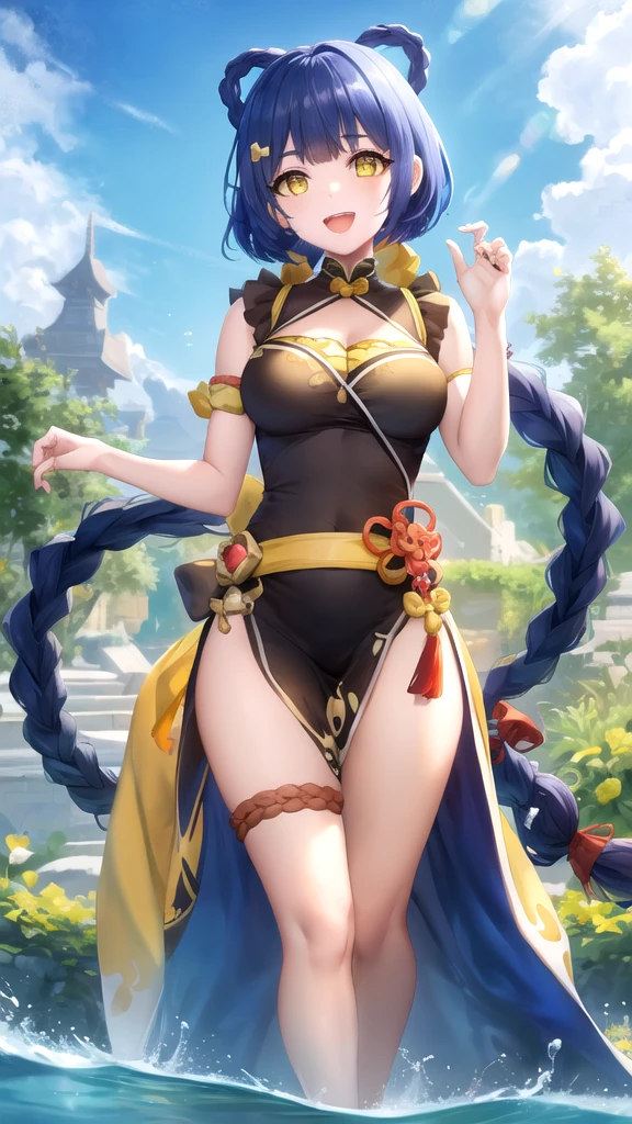 Masterpieces, Best Quality, girl, looking at viewer, genshinxiangling, xiangling, blue hair, braid, braided hair rings, hair ornament, hair rings, hairclip, (yellow eyes:1.5), , princess connect Re:Dive cosplay, princess Dress, standing, smile, open mouth, outdoors 