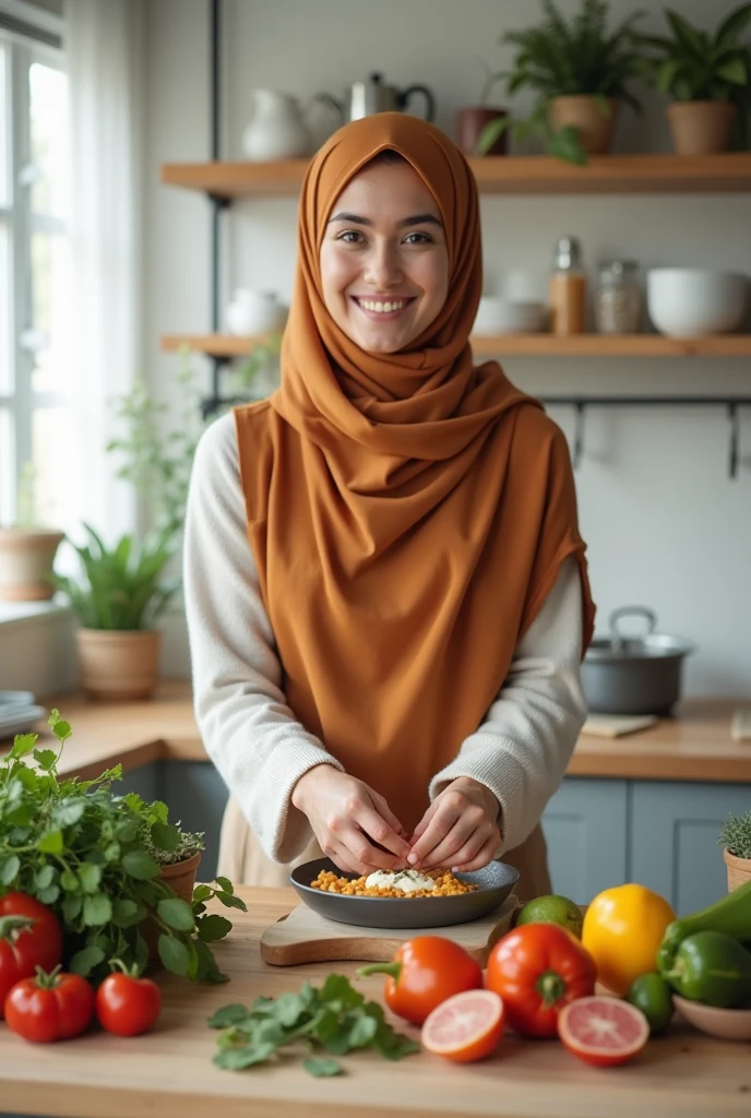 A beautiful woman in a hijab raises her hand, inviting a hug in the kitchen while smiling.