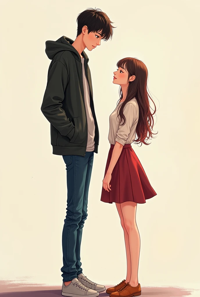 Drawing a two lovers standing at the school room door the boy is wearing with t-shirt and black slacks and the girl is wearing all black and the door is color green and the room is beige the angle is side view of the guy and front view of the girl