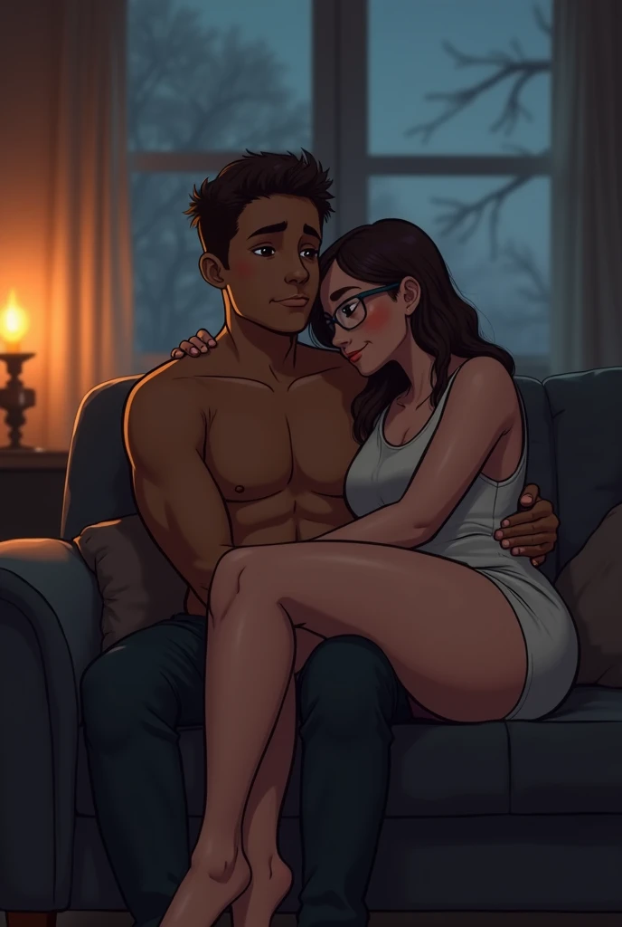 BDSM, ((Dom Guy with your Submissive Girl)), Room, Night, Sexy, Dark, Romantic, ((Curvy Girl)), ((Dark skin Girl)), ((Chubby)), Black Hair, ((Submissive)), Tied, Excited, High Details, HD, High Resolution, Masterpiece, 4K