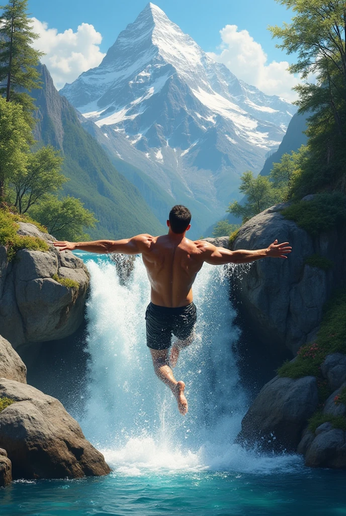 3d isekai anime adult jumping from a waterfall, hairless