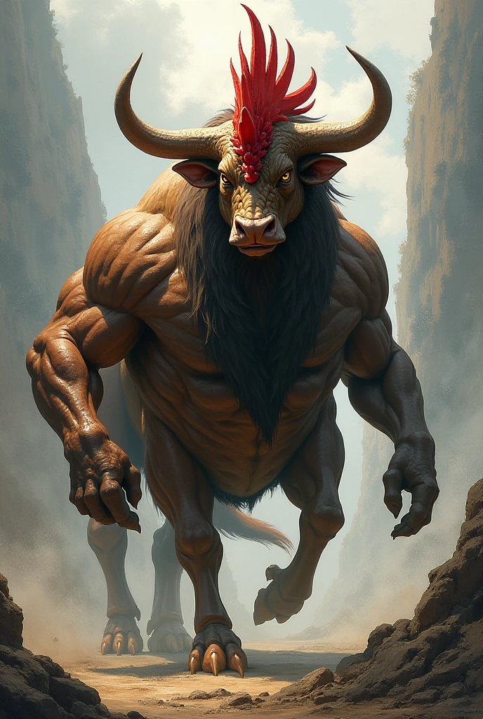 anthro, minotaur, solo, female, muscular body, amazonian female, thick thighs, thin waist, happy, seductive pose, naked, black nipples, big breasts, pubic hair, fluffy fur, back view, fat ass