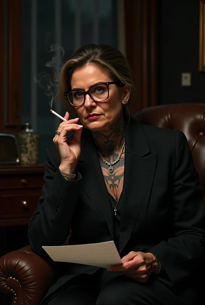 "Hyper-realistic image of a stylish, (confident girl with a dark ash grey hair, sitting while smoking a cigar). She has slicked-back hair, wears aviator sunglasses, and is dressed in a sharp, pinstripe bikini with a red tie and red heels. The girl is adorned with multiple tattoos on his neck and hands, and he is accessorized with gold jewelry, including rings, bracelets, and a wristwatch. (Smoking cigar), The background is minimalistic, focusing on his composed yet powerful demeanor as smoke curls from the cigar.”