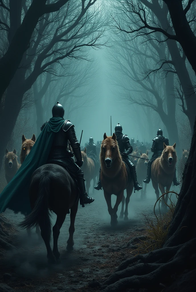 ral-mythcr, wild hunt, mythical creature, a photorealistic image of the Wild Hunt, a dramatic and mystical scene set in a dark, foreboding forest, the scene features ghostly figures on horsesï¼