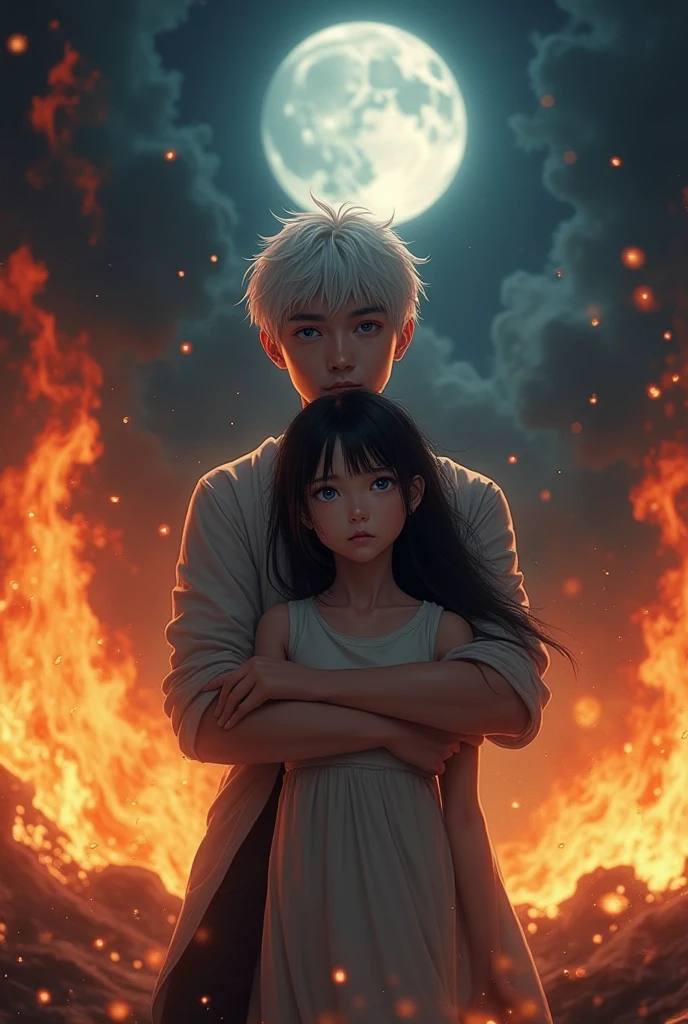 Girl hugs a boy with gray hair, the image dissolves in a haze of ashes, fire, realism, high detail, fantasy, 4kk,