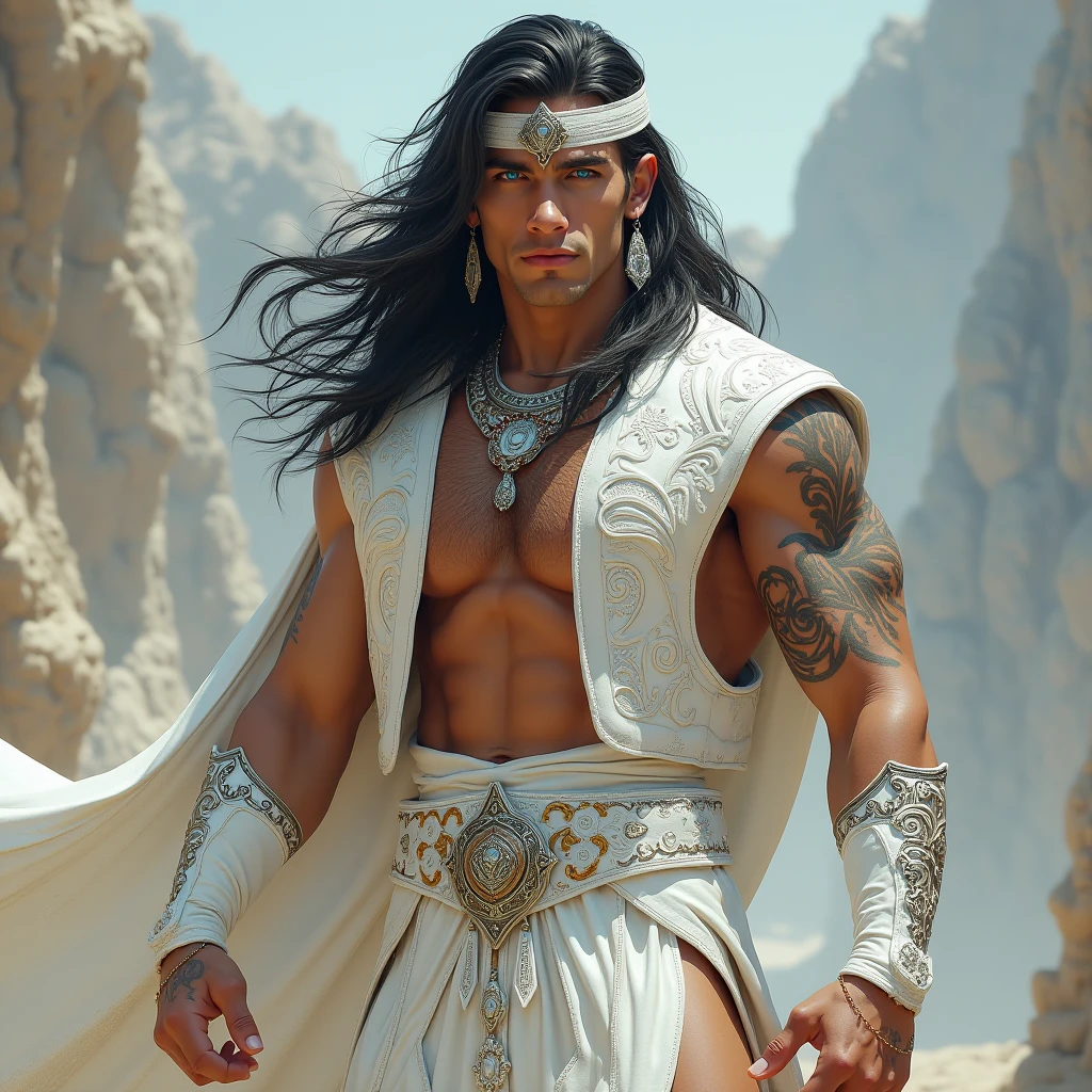fking_scifi, fking_scifi_v2, portrait of a young, muscular very handsome and attractive Arabic warrior man, in front of an sand desert, long messy hair, hairy body, rich colorful and golden jewelry, close up, regal pose and attitude. fking_cinema_v2.