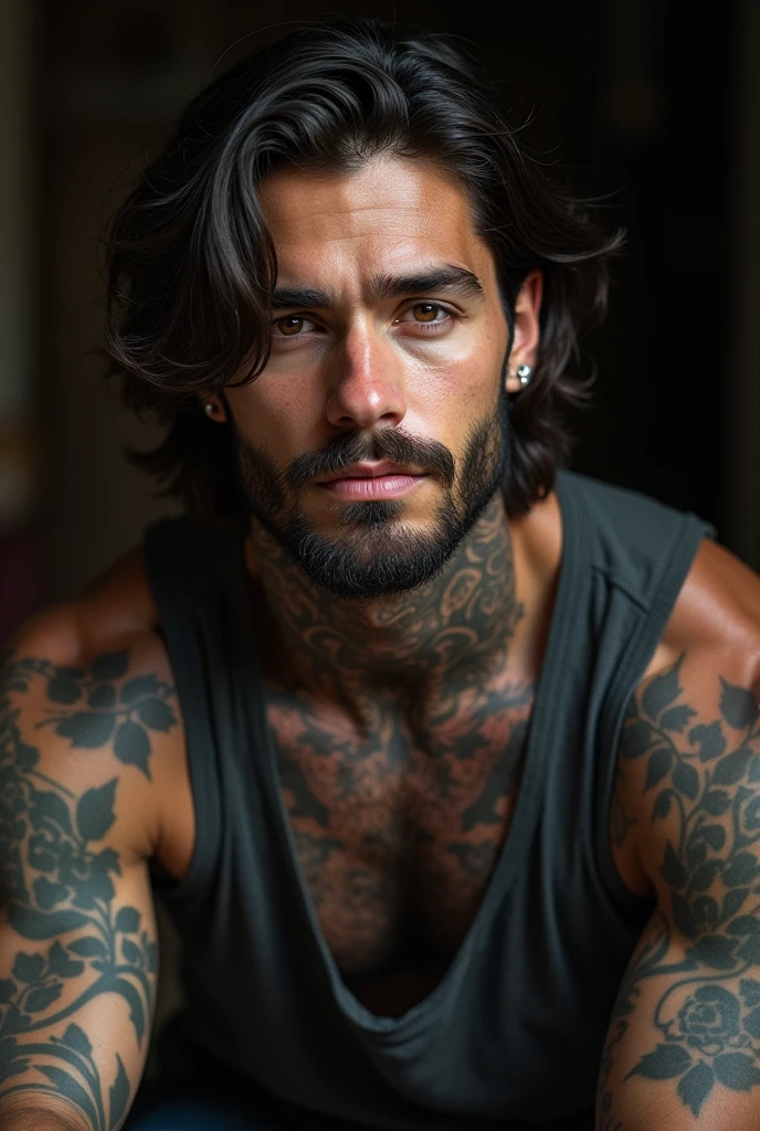 a bearded Persian man with tattoos on his arms and legs lying on a chair, posing on bed, mid shot of a handsome guy, striking a hot and majestic pose, male sexy, caio santos, masculine pose, the extremely hot and sexy, very sexy pose, super hot and sexy, look sexy at the camera, beautiful young man, beautiful young man