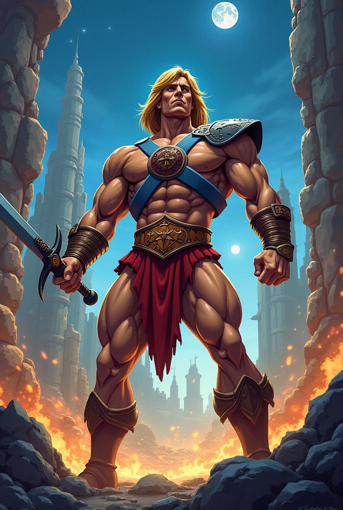 cinematic film still a muscular man, blond long hair, blue eyes, boots, manly, armor, energy sword, skullcastle background, lightning <lora:He-man1024:0.8> . shallow depth of field, vignette, highly detailed, high budget, bokeh, cinemascope, moody, epic, gorgeous, film grain, grainy