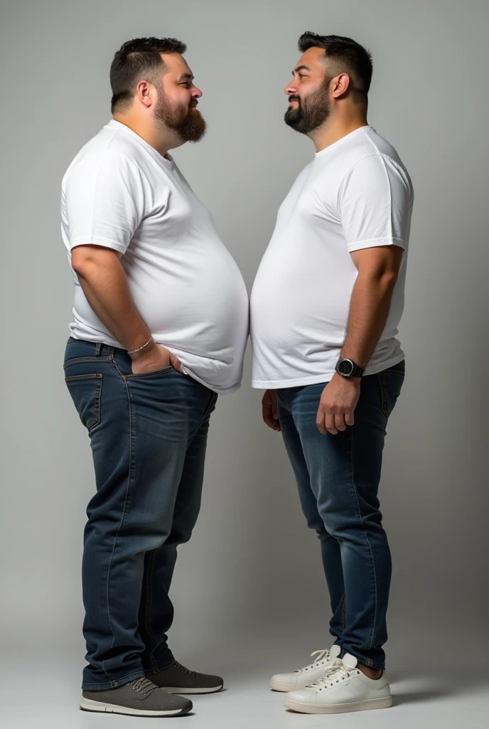 A skinny and sad man, standing in front of the same man but fat and sad