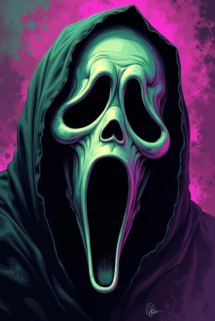 a ghostface mask,akira toriyama art style,vector t-shirt design,dynamic expressive lines,bold sharp contours,exaggerated features,dragon ball z inspired elements,energy auras,dramatic shading,dark tones vibrant highlights,horror ghostface,energetic detailed style ((more detail, enhanced, pó all))