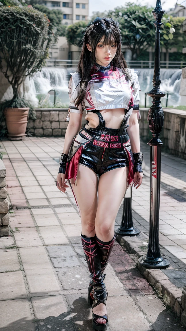 Young woman in fantasy costume、large full breasts、beautiful foot、Colorful hair、、Good Style、Shiny red top and mini skirt、、Red and black jacket、