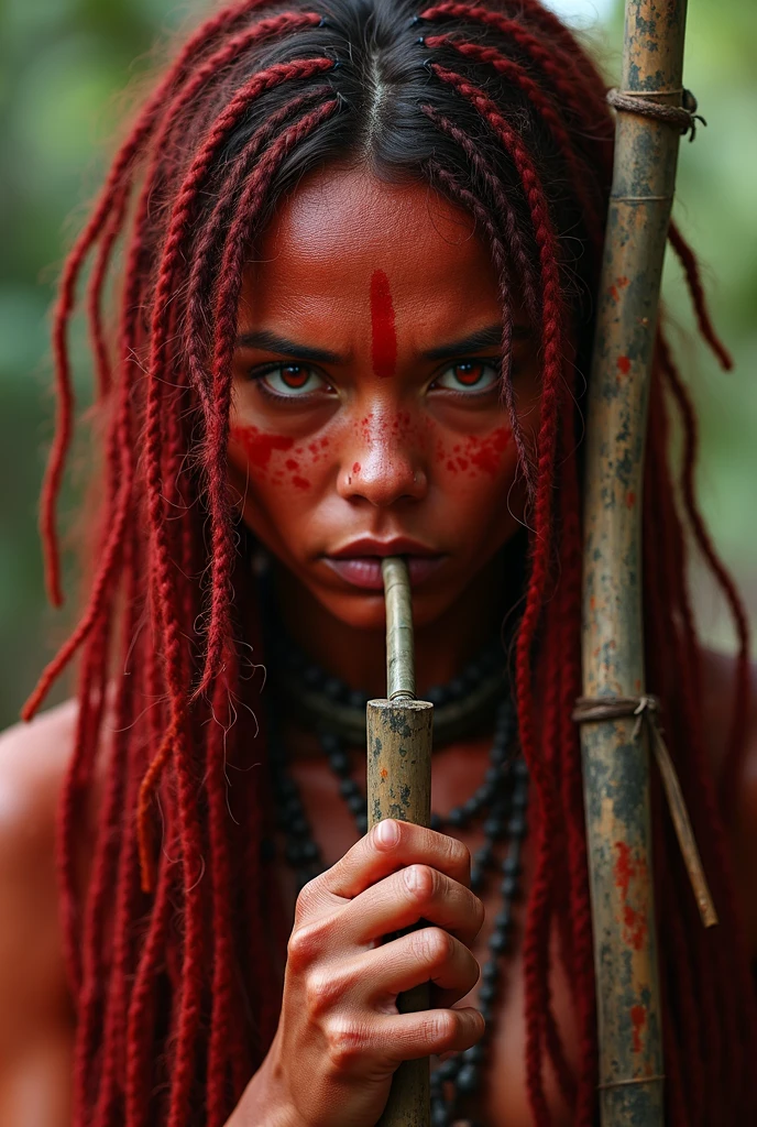 Native American woman , Red Skin
Nervous
Red eyes
Very long hair and red, com dreadlocks, shredded, Hands holding a bamboo spear
Oiled Skin, A lot of red hair in the arms
sweaty
Forehead view
Front View
Selva, native american, red skin, new, Smoking a thin and long bamboo pipe, Hands with claws, angry and threatening look.