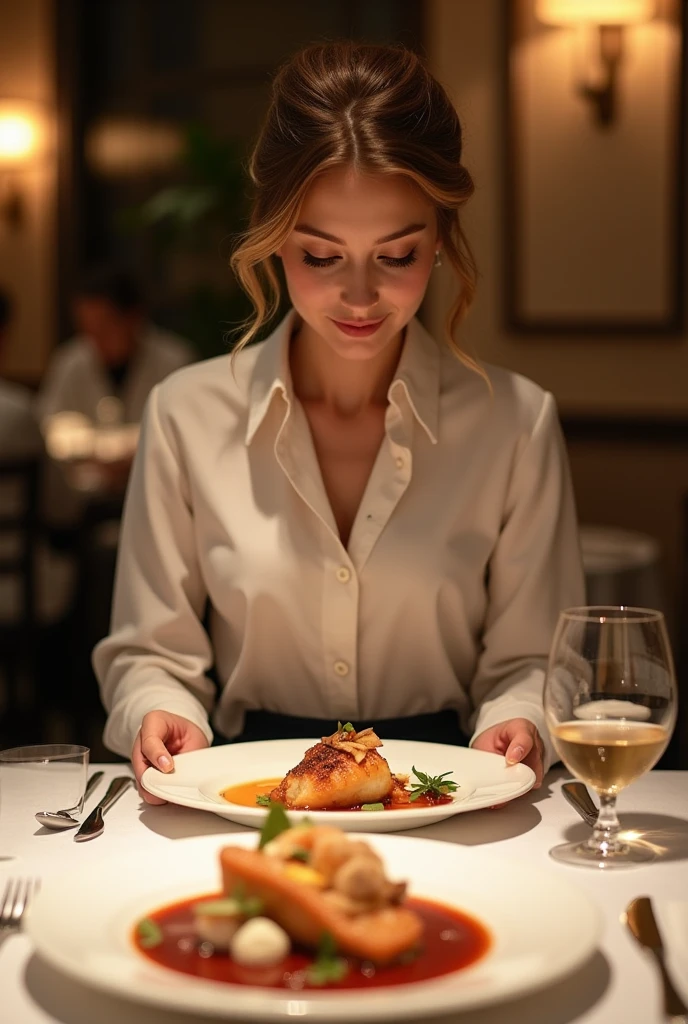 A stunning blonde woman, dressed elegantly, sits at a chic Michelin-starred restaurant table. She’s about to indulge in a gourmet dish—a beautifully plated culinary masterpiece with artistic presentation. Her eyes light up with excitement as she takes a delicate bite, savoring the flavors. The soft ambient lighting of the restaurant highlights her graceful posture, creating a perfect blend of luxury dining and sophisticated beauty.