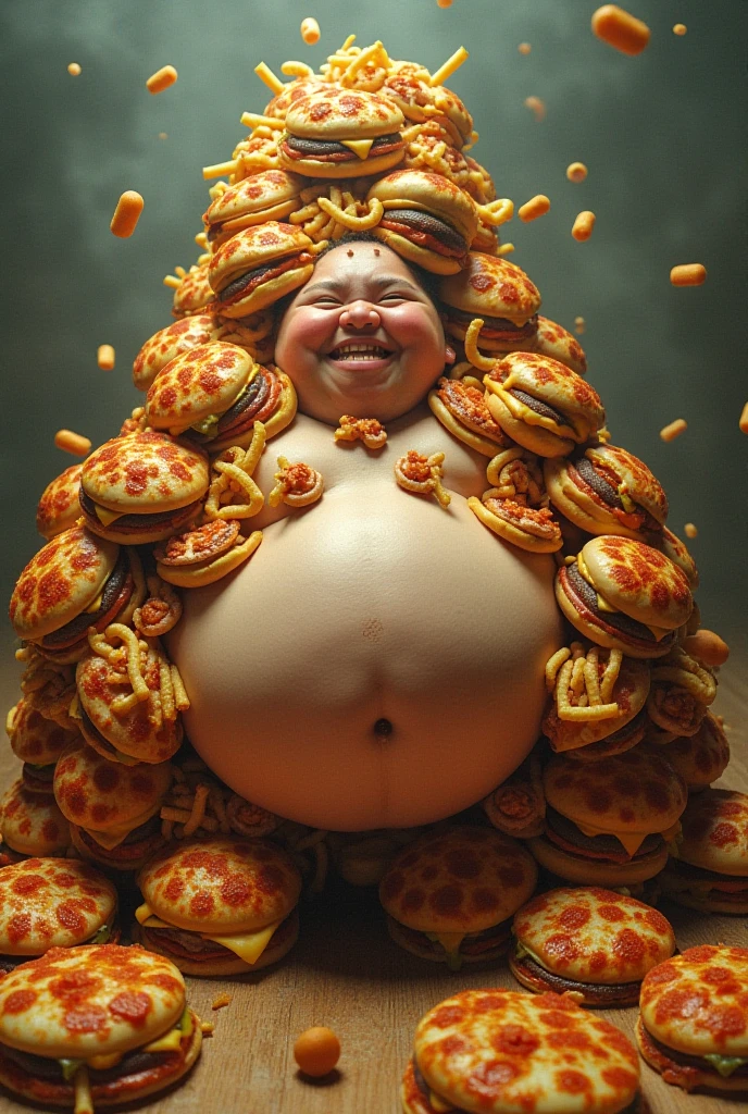 Create a 8k 3d image that is hyper realistic. This image is of a obese human with many belly rolls eating twinkies. He is eating a handful at a time