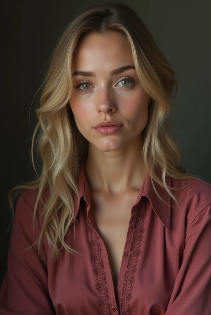 HD quality, maximum detail, macro portrait full body of the beautiful woman, field depth, perfect woman, 25 years, hair covered the breasts, makeup, long hair, perfect face, pretty mouth, pretty nose, sensual woman, totally gorgeous, face with sarcastic expression, caucasian, blond hair, evil look, v-shaped shirt, realistic, details, style: Detailed photo