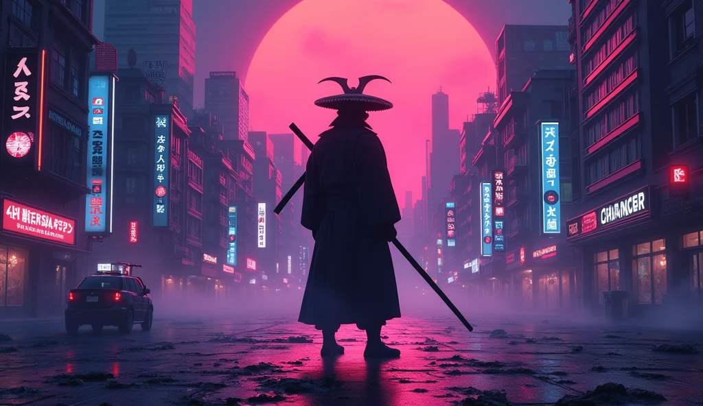 Solitary, 1 boy, permanent, Male focus, It rains in the city, hood, From the back, cloak, Skull wearing white Japanese mask, robe, , Glowing blue