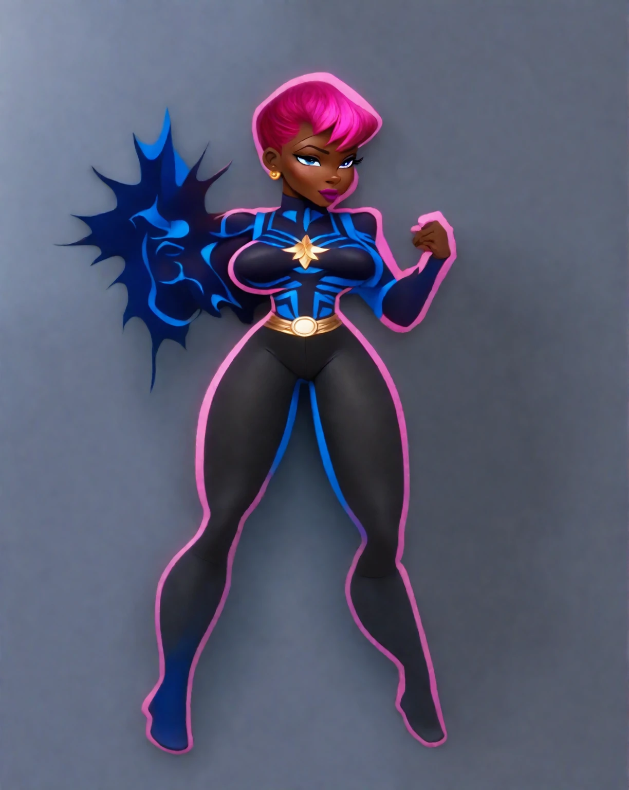 AnidskXL, 1girl, animification, ass, bare shoulders, blue eyes, blue leotard, dark skin, dark-skinned female, highleg, highleg leotard, leotard, lips, long hair, looking at viewer, looking back, medium breasts, nose, purple hair, sash, solo, superhero, thighhighs, <lora:AnimeSDXLv2:0.8>