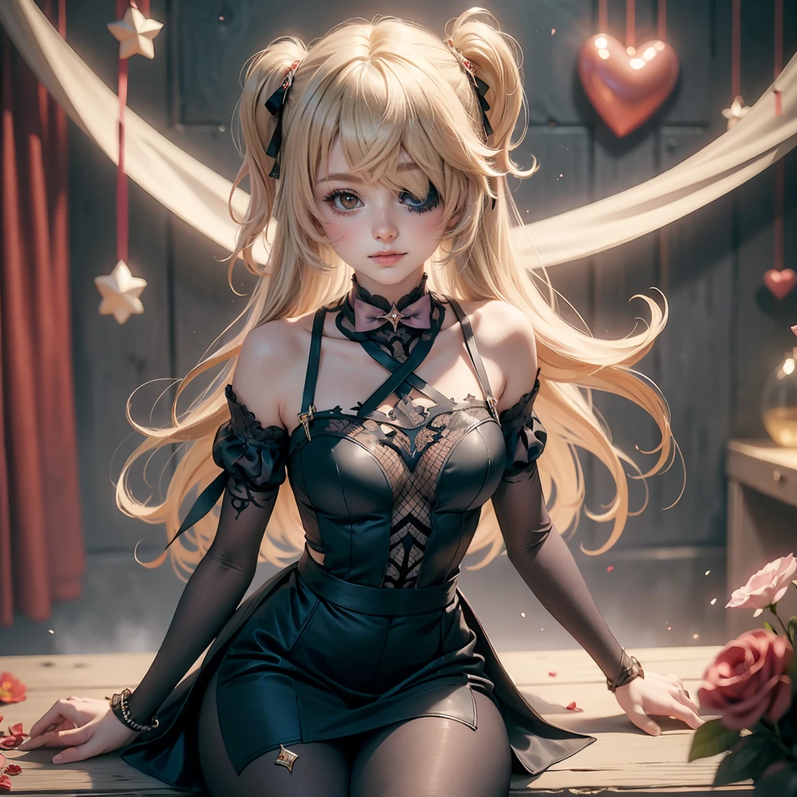 high details, best quality, 16k, RAW, [best detailed], masterpiece, best quality, (extremely detailed), full body, ultra wide shot, photorealistic, dark fantasy art, goth art, RPG art, D&D art, a picture of a dark female fairy resting in a flower meadow, extremely beautiful fairy, ultra feminine (intense details, Masterpiece, best quality), best detailed face (intense details, Masterpiece, best quality), having wide butterfly wings, spread butterfly wings (intense details, Masterpiece, best quality), (blue: 1.5)  colors wings (intense details, Masterpiece, best quality), (blond) hair, long hair, shinning hair, flowing hair, shy smile, innocent smile, (red: 1.3) eyes, dark blue lips, wearing [azure] dress latex corset (intense details, Masterpiece, best quality), dynamic elegant shirt, chocker, wearing (blue: 1.3) high heels, in various shades of red colored flower meadow (intense details, Masterpiece, best quality), (red flowers: 1.2) , (black flowers: 1.2), (white flowers: 1.2), (blue flowers: 1.3) [extreme many flowers] (intense details, Masterpiece, best quality), dark colorful flowers (intense details, Masterpiece, best quality), flower meadow in a dark goth field background, dim light, cinematic light, High Detail, Ultra High Quality, High Resolution, 16K Resolution, Ultra HD Pictures, 3D rendering Ultra Realistic, Clear Details, Realistic Detail, Ultra High Definition, #chinese cloth,