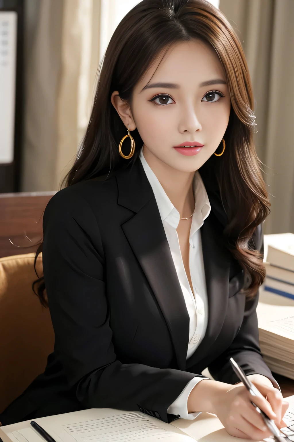 Arafed woman in a black suit sitting at a desk with a laptop - SeaArt AI