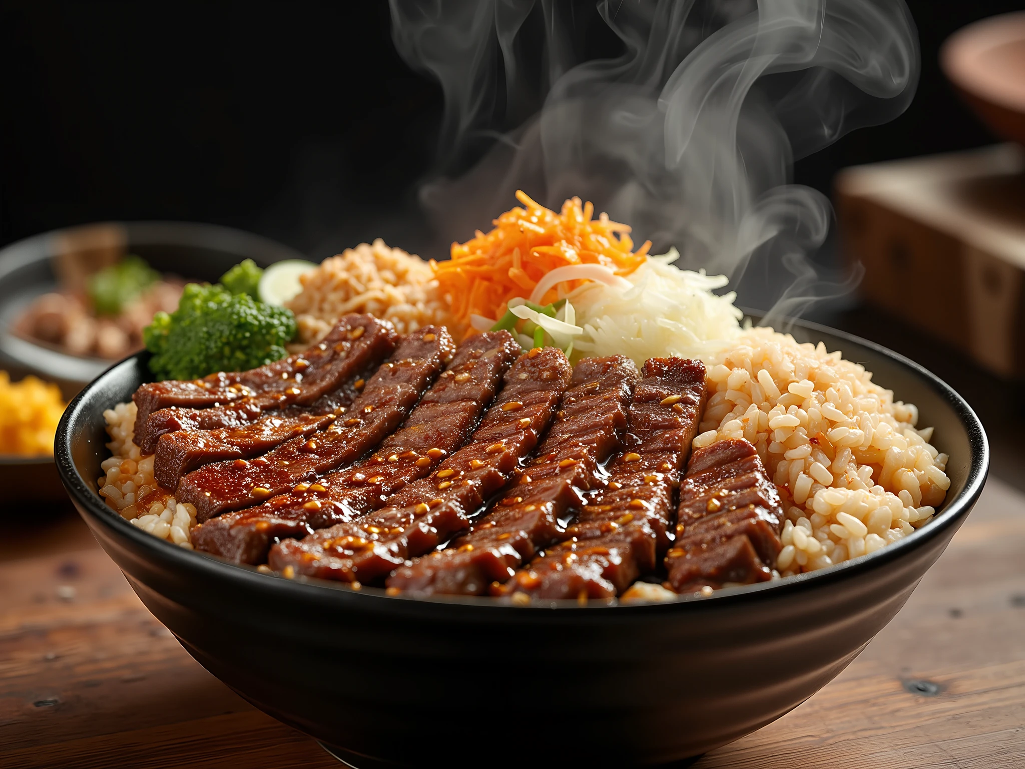 A professional photography with a Beef bowl, on a table, Tasty, professional photography, 8k, advertisement style composition, TV commercial style