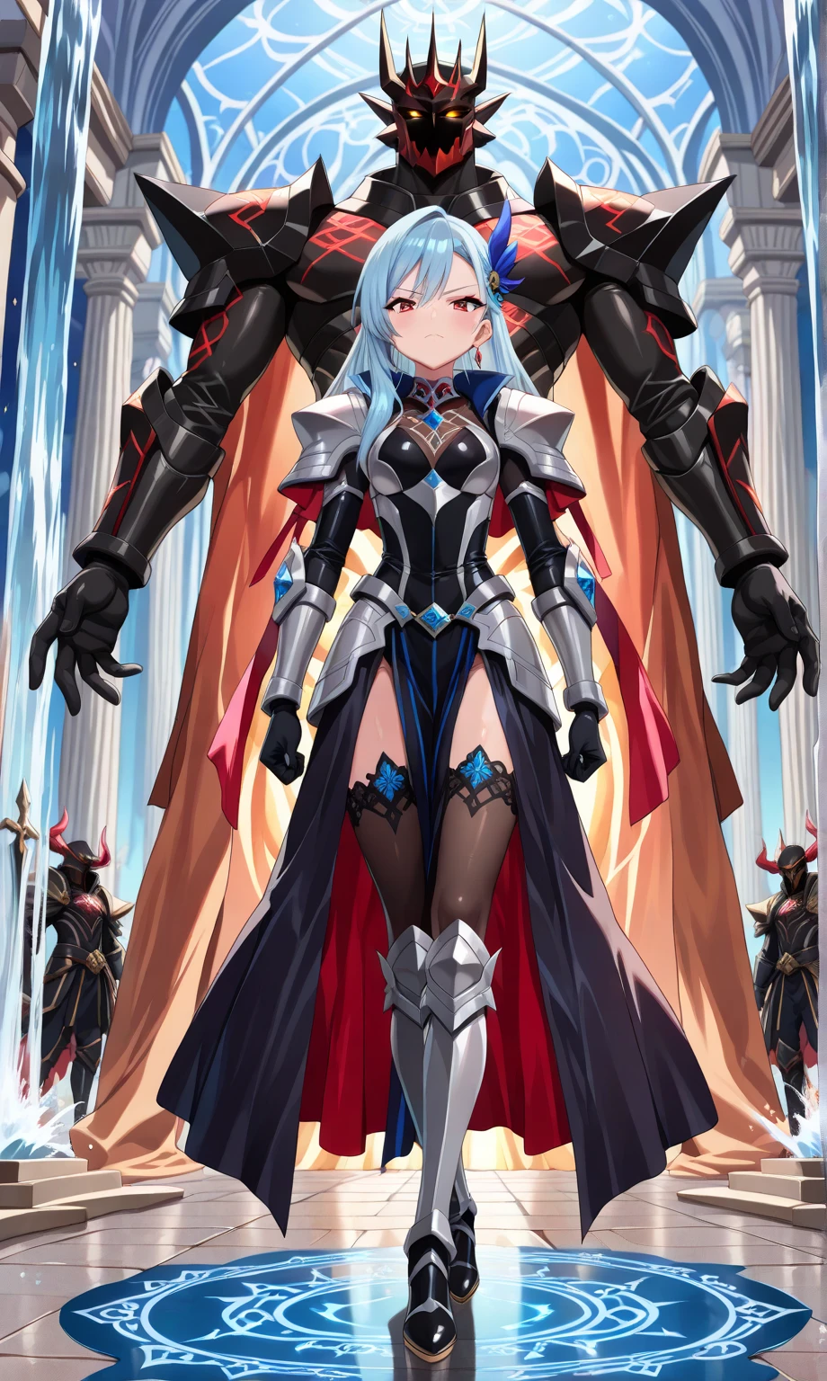 female, silver long hair, red eyes, (((1girl))), (((red full body armor))), (black gloves), (red metal gauntlets), (red metal boots), (red knight's helmet), (black crown), (silver and gold jewelry), cute and sexy, full body, huge breasts, long legs, smiling, black angel wings