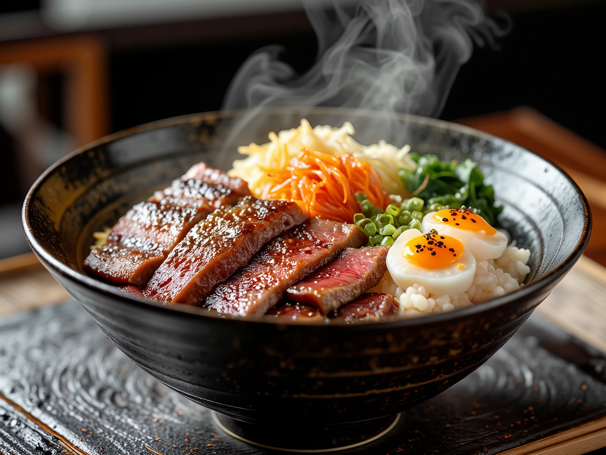 A professional photography with a japanese Beef bowl, on a table, Tasty, professional photography, 8k, advertisement style composition, TV commercial style