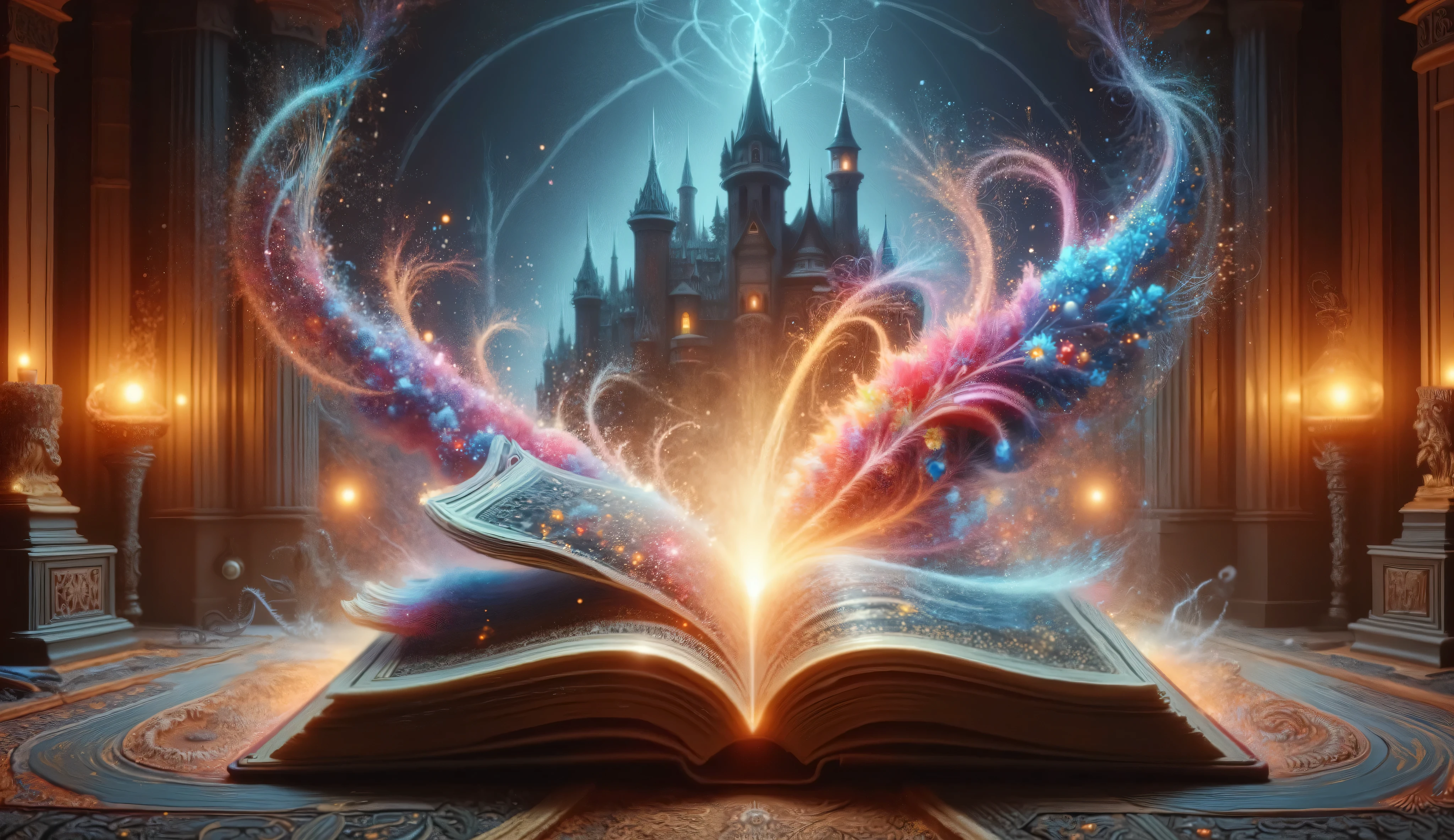 A majestic fairy-tale book, its spine gilded with intricate filigree, lays open upon a dimly lit antique desk. Double exposure reveals glowing spring’s flowers sprawling across the left page, , while summer sunny shimmers on the right,. A spectral echo of a castle in the blurred background, an unseen warmth lingering beyond the present moment. Cinematic lighting with an epic illustrated v3 style, photonic textures weaving abstract art with deco influence, a melancholic yet mesmerizing dreamscape.