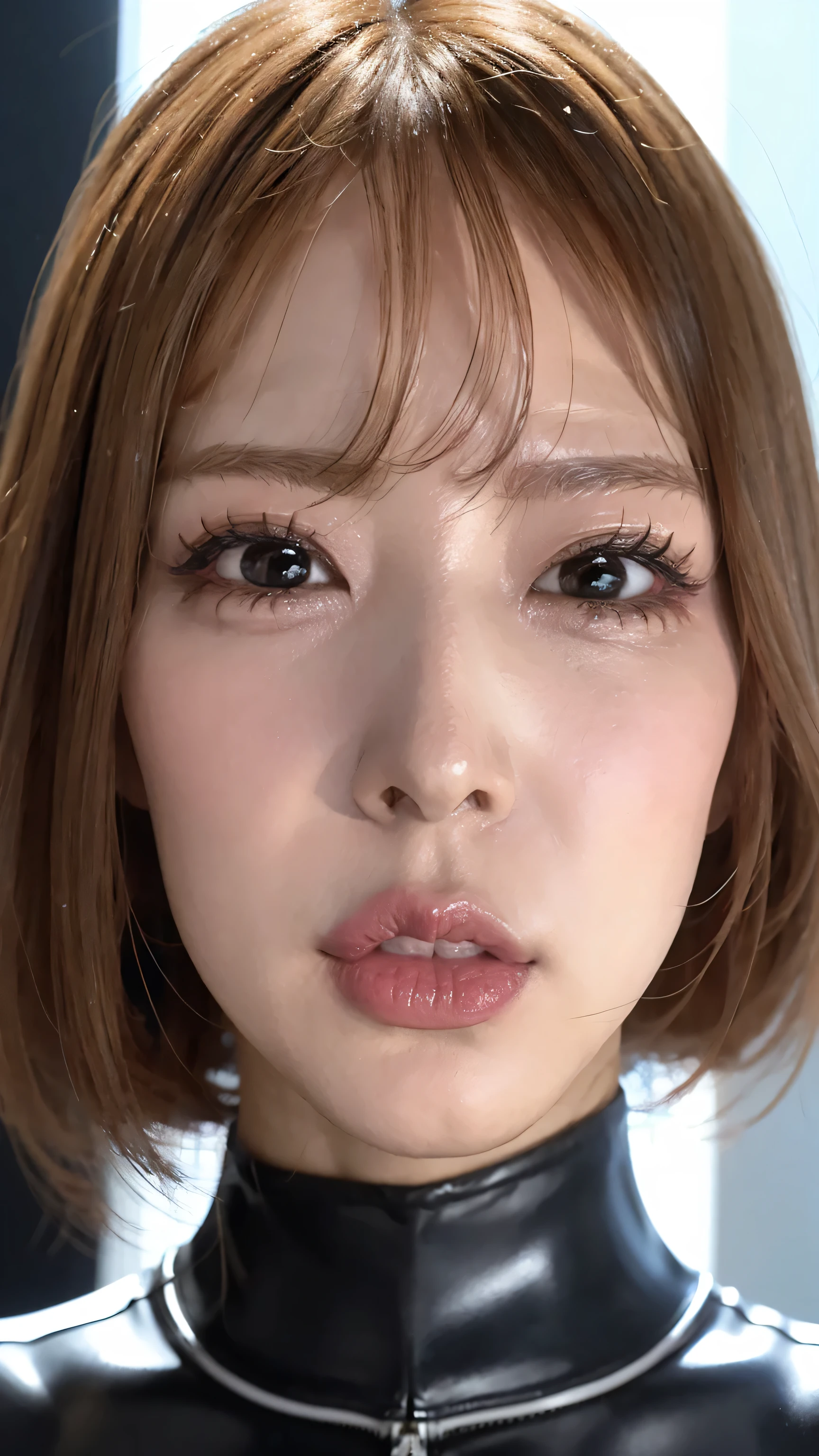  Showing off your nostrils、Highlight your nostrils、Closeup of a nostril、 One woman's face is so close here  、   She's staring into our eyes   、 I'm staring here by force    、  Eyes Grow Bigger  、 look at me、 opens your mouth wide、Angry Eyes、   angry eyebrows   、 Front  、    an angry woman brings her face close     、  angry eyebrows    、    she's staring at us    、 She's showing her teeth and angrily opening her mouth       、      she is wearing a very tight white and black shiny wetsuit       .   .                      The background is a simple close-up of a face    、  face very close to the front             