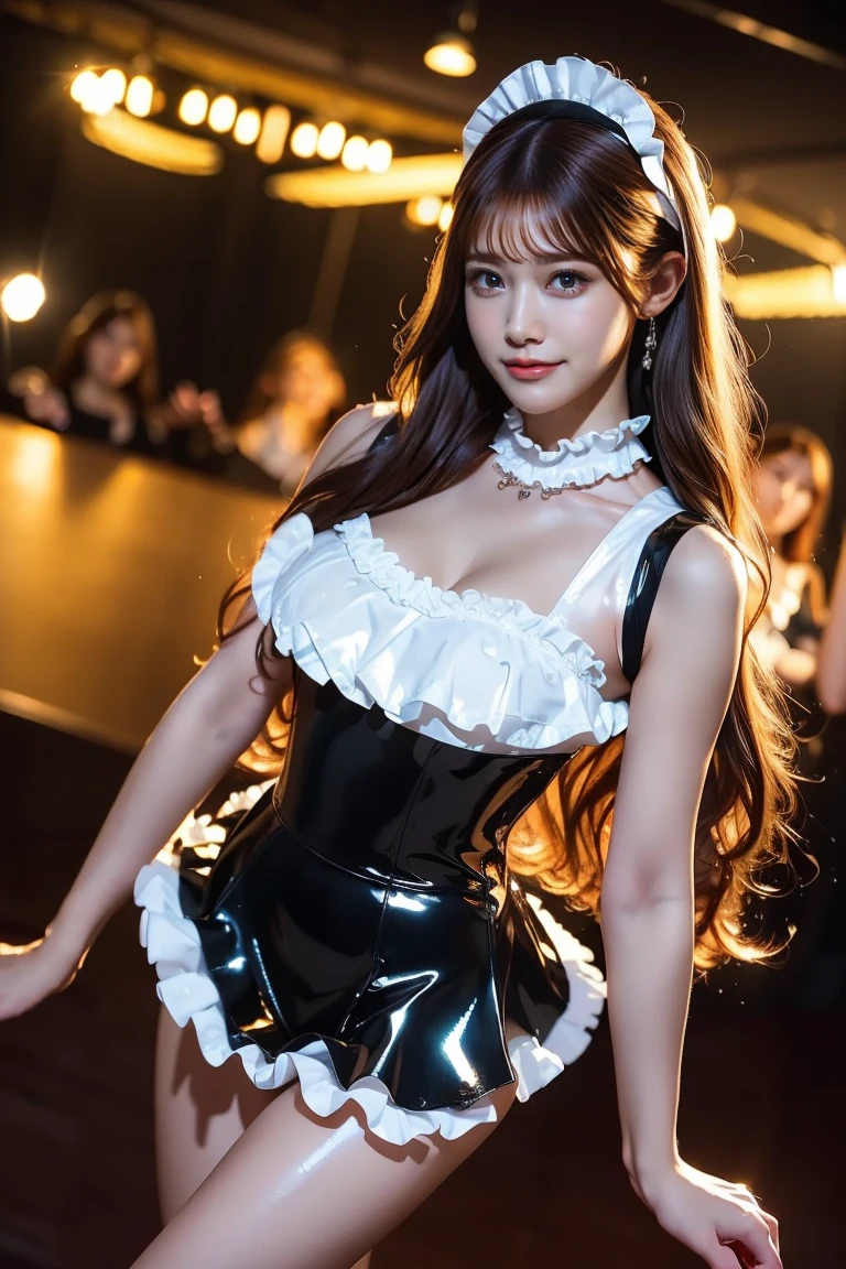 Solo idol performance featuring Eri Kamei from Morning Musume. She is wearing a cute maid outfit, Reminiscent of them "Nanchatte Renai" Single. Her characteristic brown hair flows naturally. The stage is a live concert、Vivid stage lighting illuminates her. The atmosphere is energetic, Capturing the essence of idle performance. The color palette is dominated by her member colors, yellow, This is、Contrasts beautifully with the dark shades of the stage. The image must exude realism, Make the audience feel like they're at a concert. Use photo hyper-realism, Highly detailed, and high-resolution 16k. Capture this using the Canon EOS 5D Mark IV DSLR Camera, EF 50mm f/1.8 STM lens, Resolution 30.4 megapixels, ISO sensit: 32,000, Shutter speed 8000 second. --ar 16:9 - V5.1 --Style raw --Q 2 --S 750