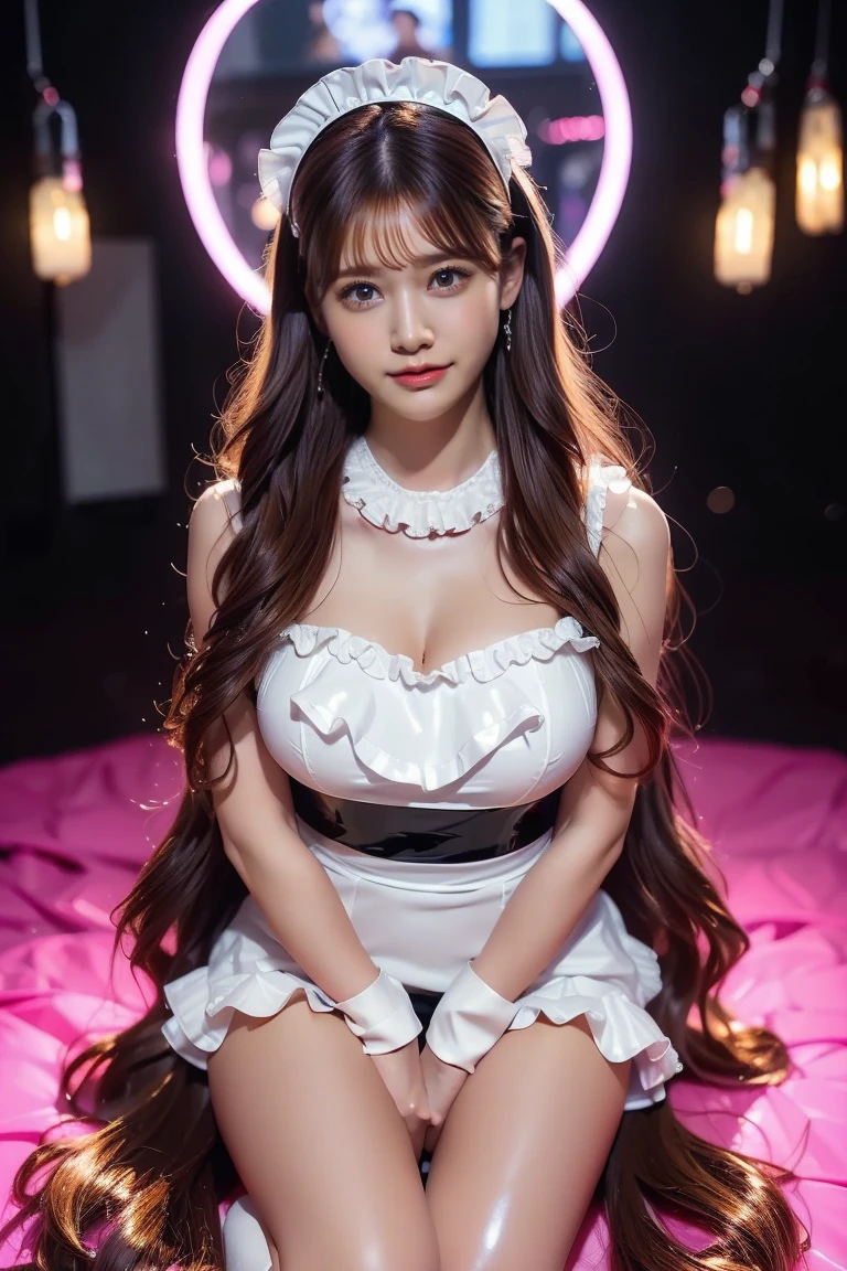 ((top quality、8k、 Award-winning work 、  super high resolution))、(((Knee-high image )))、(one beautiful woman、solo)、(((show off your perfect body with sleeveless maid clothes   ,  sexy cleavage :1.1)))、 (完璧なBig Breasts、 sexy cleavage 、 deep cleavage at the tip of the nipple)、(( blonde:1.1))、(( bright color contacts 、 PERFECT GAL MAKEUP、 bright and shiny lipstick、Very sexy lips))、( very heavy women's makeup :1.2)、(Dark brown beige eyes:1.1)、 beautiful bright eyeshadow 、wear heavy makeup around your eyes、(Big Breasts:1.2)、 Very Long Wavy Hair 、(Romantic affection:1.1)、  (( showing viewers your best smile ))      、( Accentuates the body line :1.1)、( strongly blurry、  clear images of the night nightclub dance stage:1.1)、 pole for pole dancing、 dark lights 、 Colorful Spotlights、((Dazzling mirror ball))、( strongly blurry background:1.1)、accurate anatomy、 Ultra HD Hair、(     super high resolution perfect beautiful teeth:1.1)、 ( Beautiful Ultra High Definition Face 、   ultra HD curly super long hair   、 see-through bang 、Ultra HD Shining Eyes、 shiny  super high resolution beautiful skin 、    super high resolutionの光沢のある唇 )、 Harry Winston Necklace、(((sleeveless maid clothes with ruffles、shiny latex leotards that adhere to the body、Frills that accentuate your body line、 Frilled Maid Headband 、shiny and luxurious platform high heels)))、Airu、