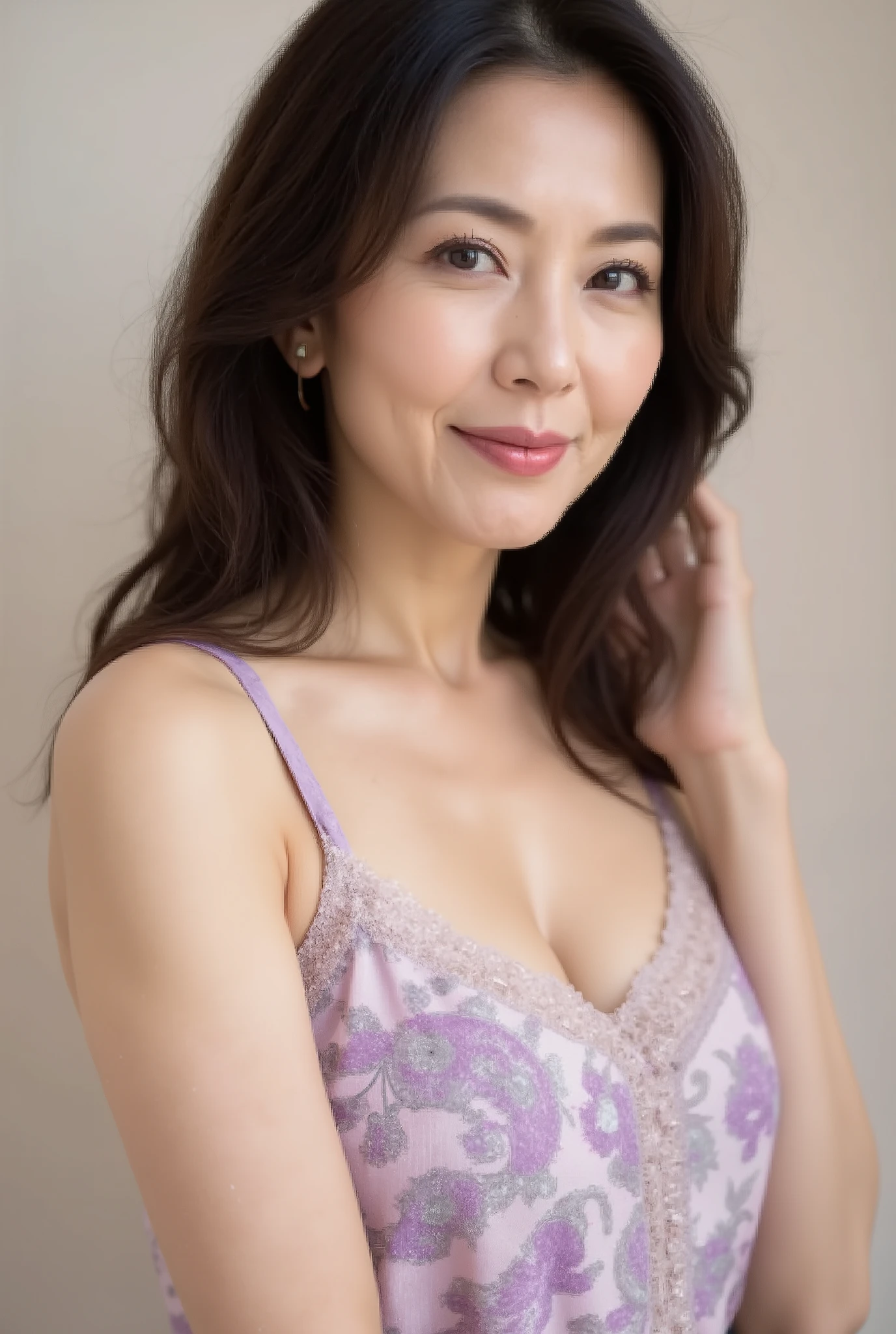 "An elegant middle-aged Japanese woman wearing a purple jacquard camisole, featuring a soft pink and light gray design. She has wavy hair, fine laugh lines, and a seductive smile. Her makeup highlights her beauty with lipstick (1.1), eyeliner (1.2), mascara, and eyeshadow. The background is a subtle gradient of pale color, The focus is on her upper body, captured in high resolution, with sharp focus, realistic textures, and impeccable details using depth of field and physically based rendering. She exudes unparalleled beauty, ultimate elegance, and charm.