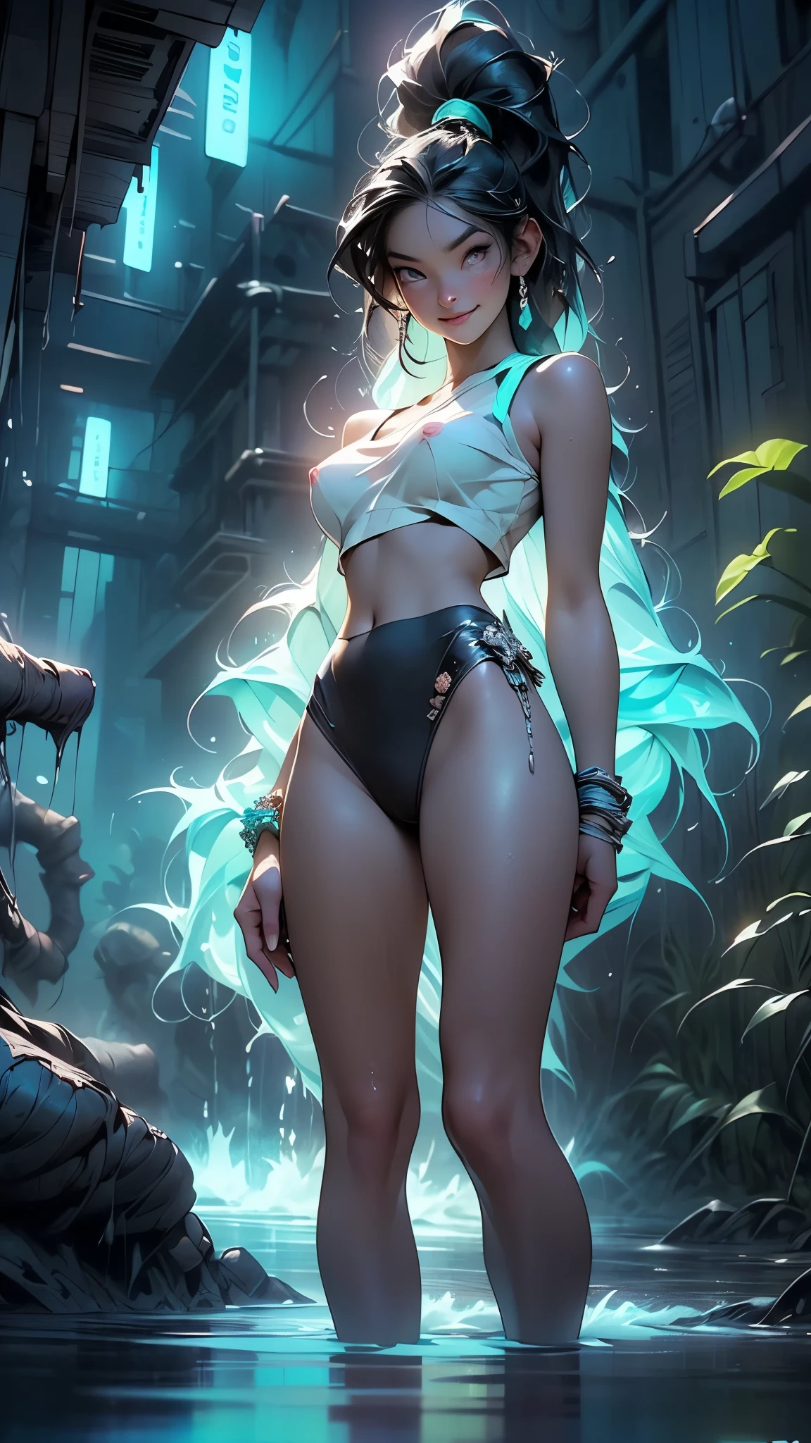 girl, (skimpy:1.2), (Neon,Plain Background:1.4),Skinny,Flat Chest,Leaning Forward,Very Short Hair,Ponytail,(silver Tube Top,cyan Skirt:1.3),Yu-Gi-Oh,Priest ,(masterpiece,detailed,highres:1.4)