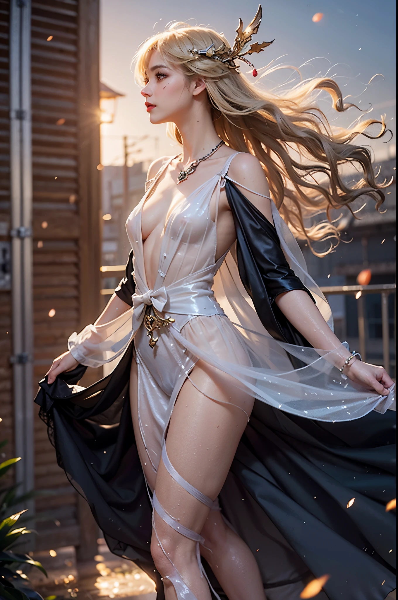 wlop ((( aeolian ))) full body cute smiling stunningly beautiful woman exposing midriff silver hair princess