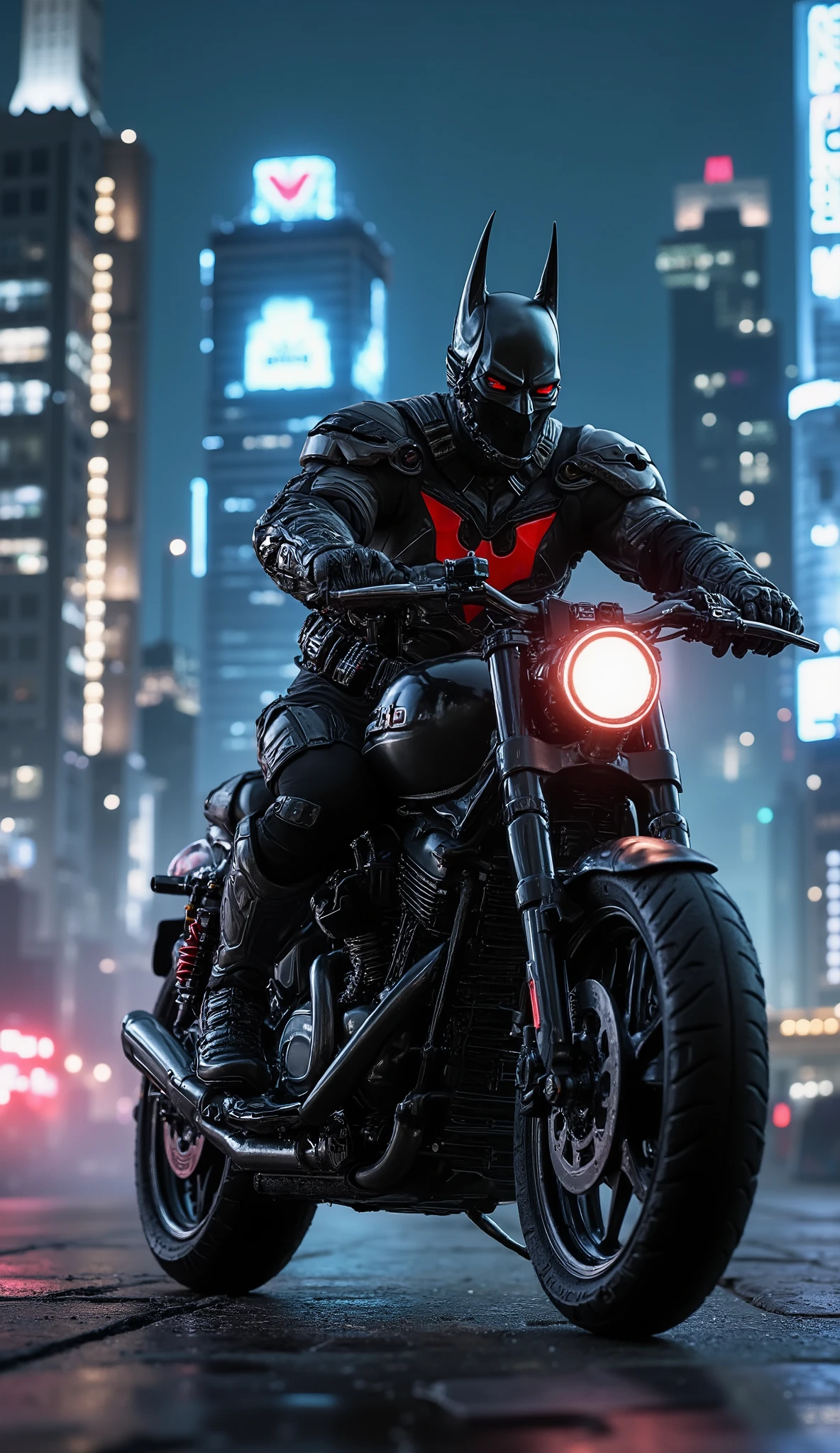 Batman_Beyond_Suit is riding a harley davison in gotham city