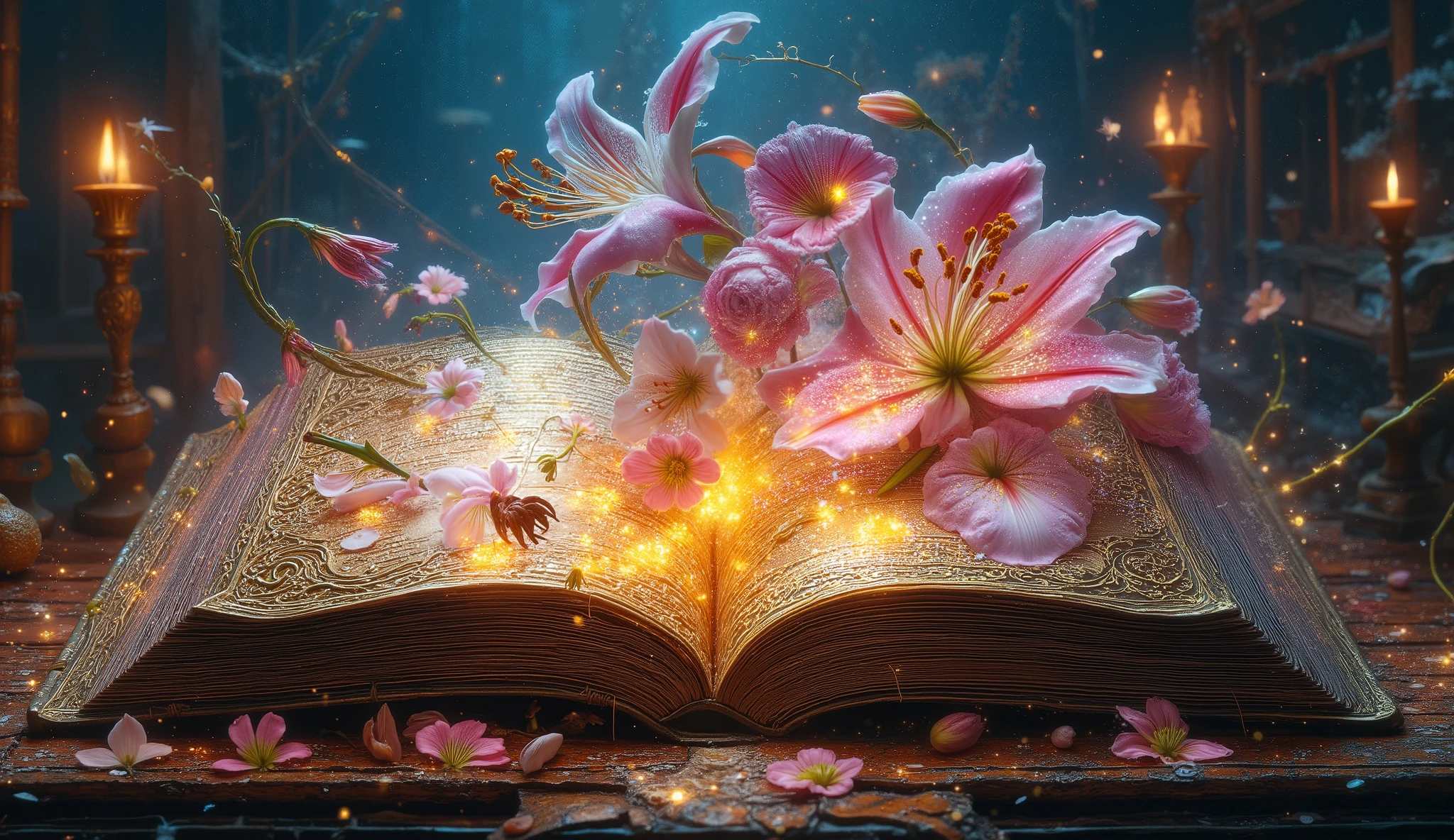 A majestic fairy-tale book, its spine gilded with intricate filigree, lays open upon a dimly lit antique desk. Double exposure reveals glowing spring’s lilies  sprawling across the left page, , while summer sunny shimmers on the right,. A spectral echo of a beautifull princess in the blurred background, an unseen warmth lingering beyond the present moment. Cinematic lighting with an epic illustrated v3 style, photonic textures weaving abstract art with deco influence, a melancholic yet mesmerizing dreamscape.  