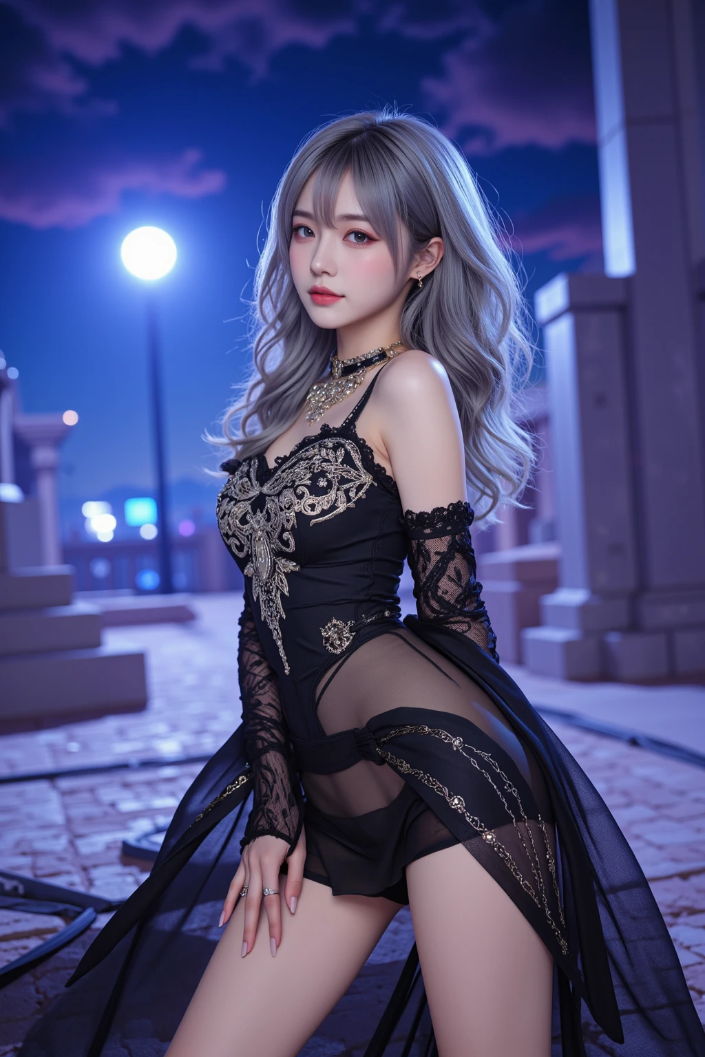 highest quality、8k Masterpiece、超A high resolution、(Photorealistic:1.3)、RAW Photos、1 girl、Short silvery white hair、Glowing Skin、1. Super-beautiful Cyberpunk Soldiers、((Ultra-Realistic Details))、Portrait、Global Illumination、Shadow、Octane Rendering、8k、Super sharp、Beautiful breasts、Metal、Cold colors、、Very intricate details、Realistic Light、CGSoation Trend、Beautiful Eyes、Shining Eyes、To the camera、Neon Details、20age、Too beautiful face、Intelligence、Obscene、Sexy、Moe、smile、Red beautiful sexy long dress、whole body、Healthy Body、The background is a nighttime neon-lit entertainment district.、love、Long Hair、I can see her thighs、Charm、mischievous、More sexy、