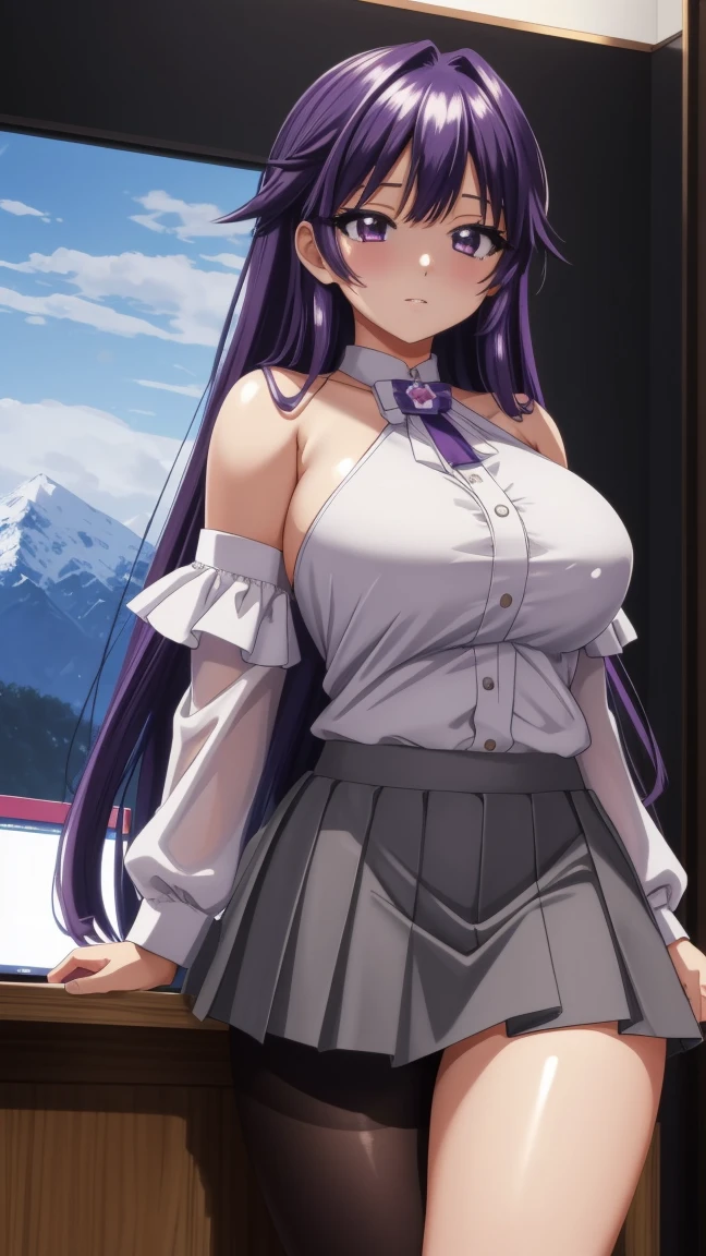 , furuderika, long hair, purple eyes, blue hair, blunt bangs,, , empty eyes , large breasts, nipple, live stage, , Heavy snowfall area frozen wet crying mountain ,solo
