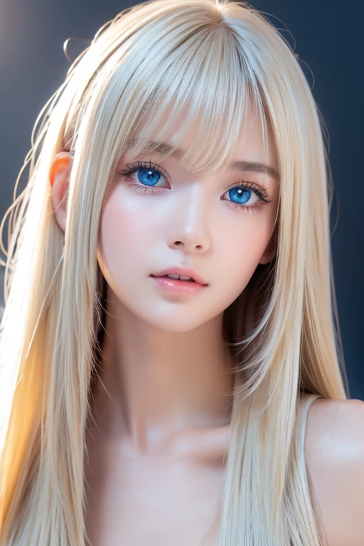 True Photo Quality、Extraordinary sexy beauty、Beautiful calm and bright expression、Sexy refreshing look、Long bangs that fall on a perfect beautiful cute face、Super long platinum blonde straight silky hair、blonde on a beautiful face、Very cute beautiful sexy young little woman、Very perfect beautiful cute face、Beautiful bright sky blue eyes、Very big eyes、bangs over eyes、Hair above one eye、Hair between the eyes、Very radiant white skin、Cheek gloss