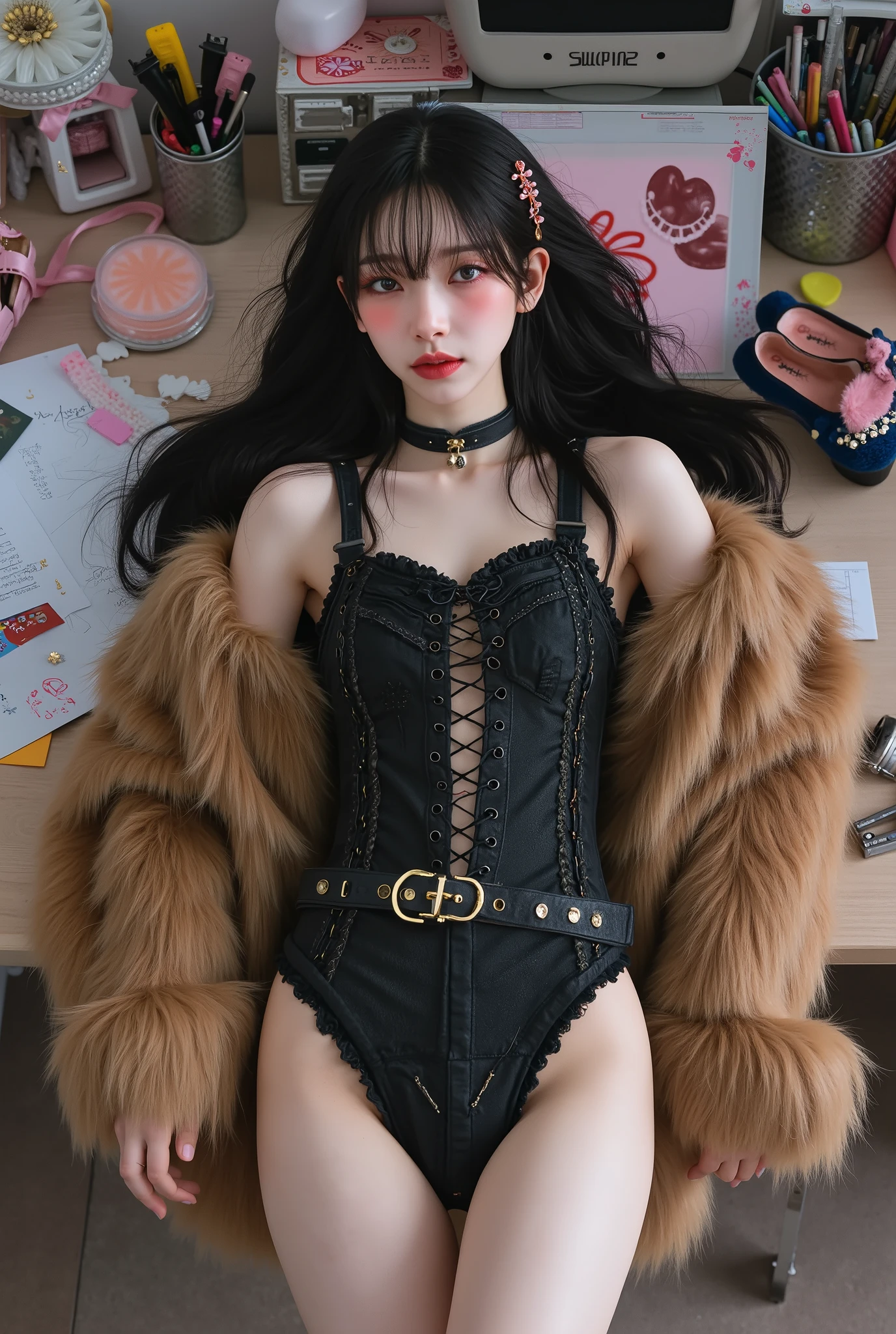 realistic.delicate ornament.(double exposure:1.4)clear lines,soft focus,4k,,masterpiece..Top view。Hyperrealistic photography。A girl who looks decadent.Fur coat。There are black lace-up straps on the bust.fine details, , sprawls her legs in a cluttered office on a desk.messy girly room,Black Long hair。 belts, collars, High-heeled. love hearts.barrette。black lace onesies。High-heeled ,Dark blue and pink. dot。Delicate white skin. Reddish cheeks and eye shadow。Outstanding light and shadow,bangs.xiaoying