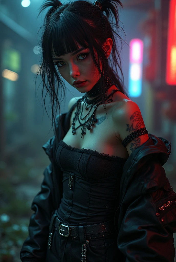 Gothic girl with technical color,Tropical disaster,epcot
(best quality,4k,8k,highres,masterpiece:1.2),ultra-detailed,(realistic,photorealistic,photo-realistic:1.37),vibrant colors,neon lights,futuristic aesthetics,dark atmosphere,gothic style,detailed facial features,glowing eyes,black lipstick,unique fashion style,stunning makeup,urban decay,post-apocalyptic scenery,graffiti-covered walls,ruined buildings,dystopian environment,broken holographic screens,purple and blue tones,harsh industrial lighting,eerie shadows