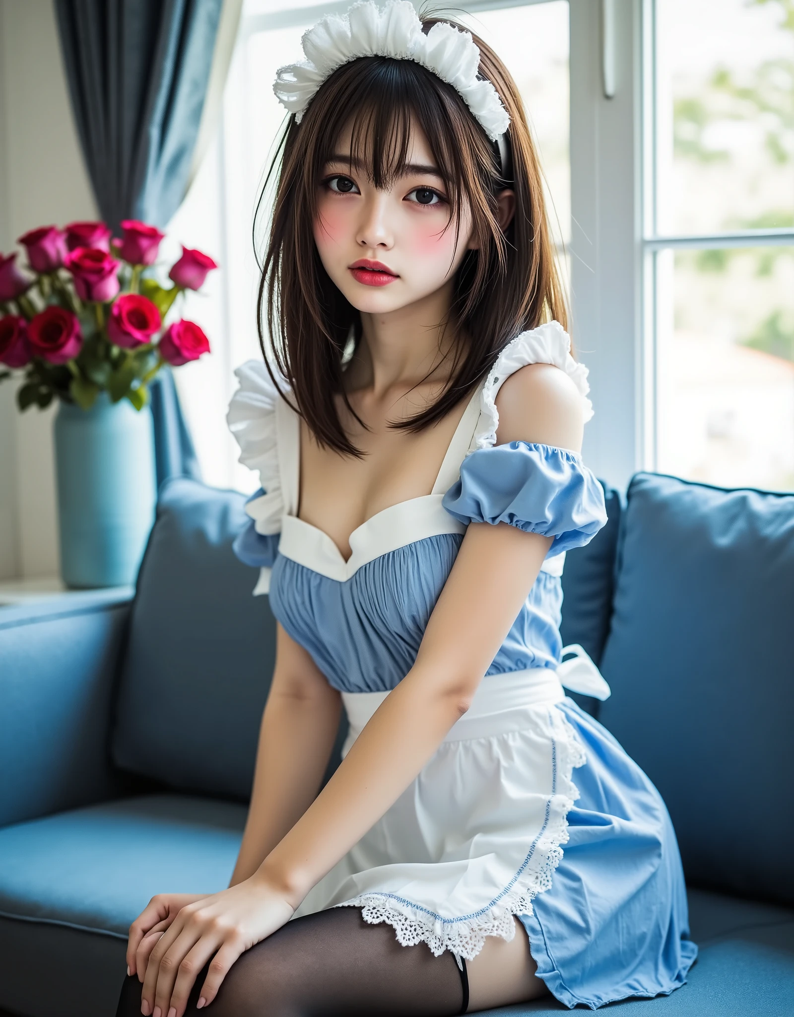 ((解剖学的に accurate人体構造)), (Canon), (EOS R5), (50mm), (((photorealistic:1.5))), ( No Lens Flare :1.5), ((超high resolution)), ( Masterpiece), accurate,( by Nomiな質感の肌), super detailed, high detail, high quality , Award-winning work , 最 high quality, 32K, depth of coverage, digital camera, Award-winning Glamour Photos , professional lighting,(SFW), ((最 high quality:1.5)), (( Masterpiece:1.5)), (( by Nomi)), high resolution, by Nomiな影, Roughness, Real Life,(( A very beautiful and cute Japanese woman :1.5)), (( cute Japanese top idol )), ((Upper body shot seen obliquely from the front :1.5)), ( upper body shot seen from the side :1.2), (( upper body shot from head to knee :1.8)), (( cute 18-year-old Japanese high school girl )), 1 girl, (( Very cute maid girl with a gray bow )), Beautiful and luxurious living room , ( sitting on a luxurious sofa ), looking at me, ( brown medium hair), (white I'm wearing a fluffy headband with big frills on my head:1.5), (I'm wearing a gray ribbon ), ((Wears luxurious blue and white gothic ta-style maid clothes)), ((Luxurious white apron with lots of frills)), ( Light blue ribbon on a white apron ), with lots of frills , ((Black mesh stockings up to the thigh )), (Knee-high socks with blue stripes in black up to the thigh), Black leather maid shoes may be placed next to the bed, dreamy and shy expression , Attractive cuteness , seductive poses, Height: 160cm, slim figure, beautiful shaped big bust , F Cup, cleavage of bust visible, (( very cute smile with slightly visible teeth :1.5)), ( alone:1.5), (Only one person in the bedroom), ( show your hands as little as possible ), (brown eyes on the frame:1.9), ( Detailed depiction of extremely realistic skin ), (Highly detailed, realistic eyes:1.9), ( extremely beautiful long realistic eyelashes ), (Highly detailed, realistic eyebrows), (丸いbrown eyes on the frame :1.8), ( beautiful catchlight on the eyes), (Realistic lips with moisture ), ( white realistic teeth neatly arranged ), ( Beautiful and Detailed Face :1.6), ( hourglass shape:1.6), (Wasp waist :1.5), ( Perfectly round and beautifully shaped bust :1.8), ( clearly contoured cheekbones :1.5), ( textured skin by Mr. Nomi :1.8), (Healthy body :1.8), (Narrow shoulders:1.9), ( staring at viewers), ( captivating gaze), (Beautiful, natural-looking hands), (Beautiful pale pink nails with a beautiful length), ( playful and curious posture ), Light blue themed living room, ( The whole room is all light blue ), Light blue wall, Light blue ceiling , Light blue floor, There is a black cushion with a white and light blue floral pattern on the fluffy dark light blue sofa, Luxurious red and pink roses in a light blue vase with floral patterns, Dark light blue curtains with floral patterns, Dark light blue furniture, soft white lighting , ( Dreamy Cozy), stylish style, Glow effect, Bright dynamic lighting that looks beautiful on the skin , accurate手の形, accurate指の形, accurate指の数,5 fingers on one hand